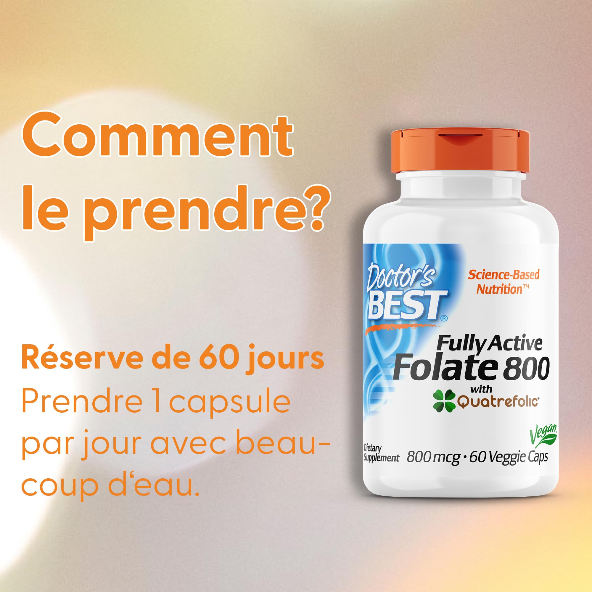 Doctor's Best Fully Active Folate avec Quatrefolic (acide folique), 800mcg, 60 gélules Végétaliennes, Testé en Laboratoire, Sans Gluten, Sans Soja, Végétarien