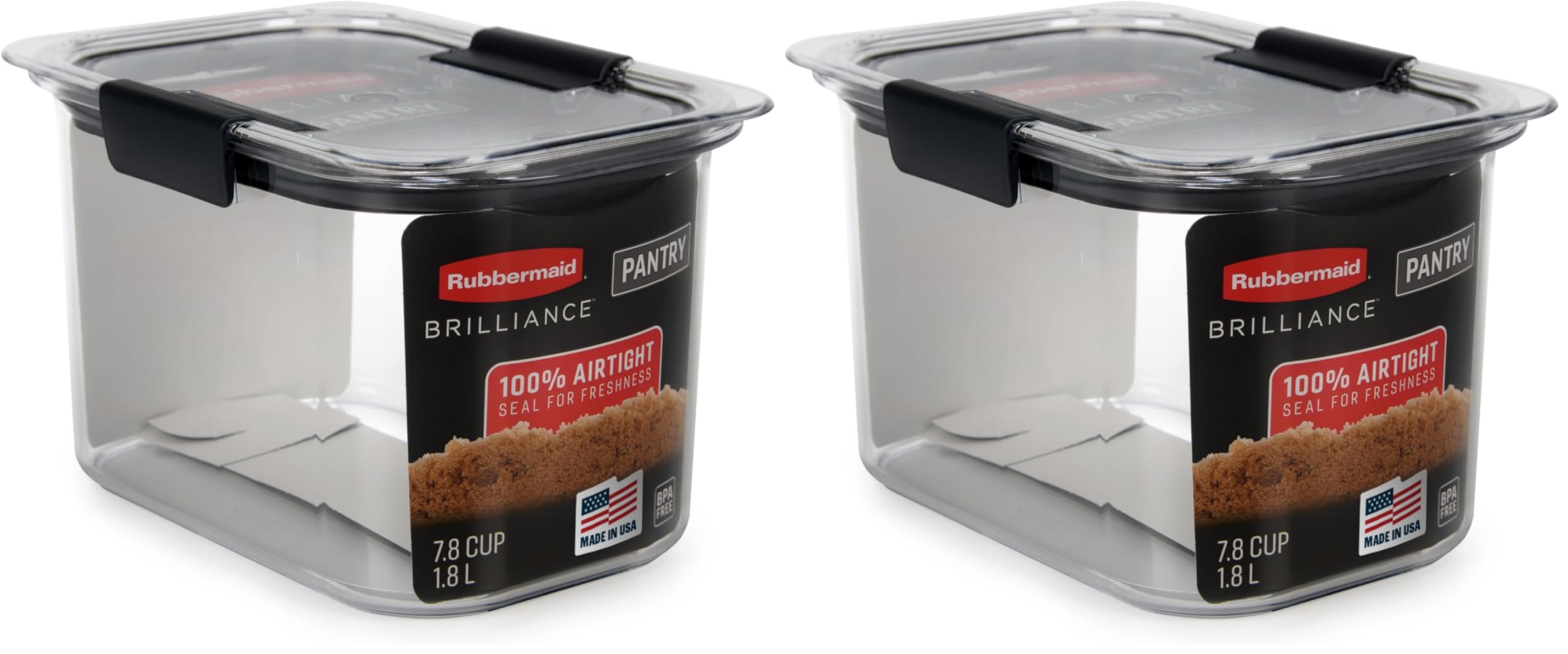 Rubbermaid Brilliance Pantry Airtight Food Storage Container, BPA-Free, Ideal for Brown Sugar - Efficient, Leak-Proof and Dishwasher-safe, 7.8 Cup (Pack of 2)