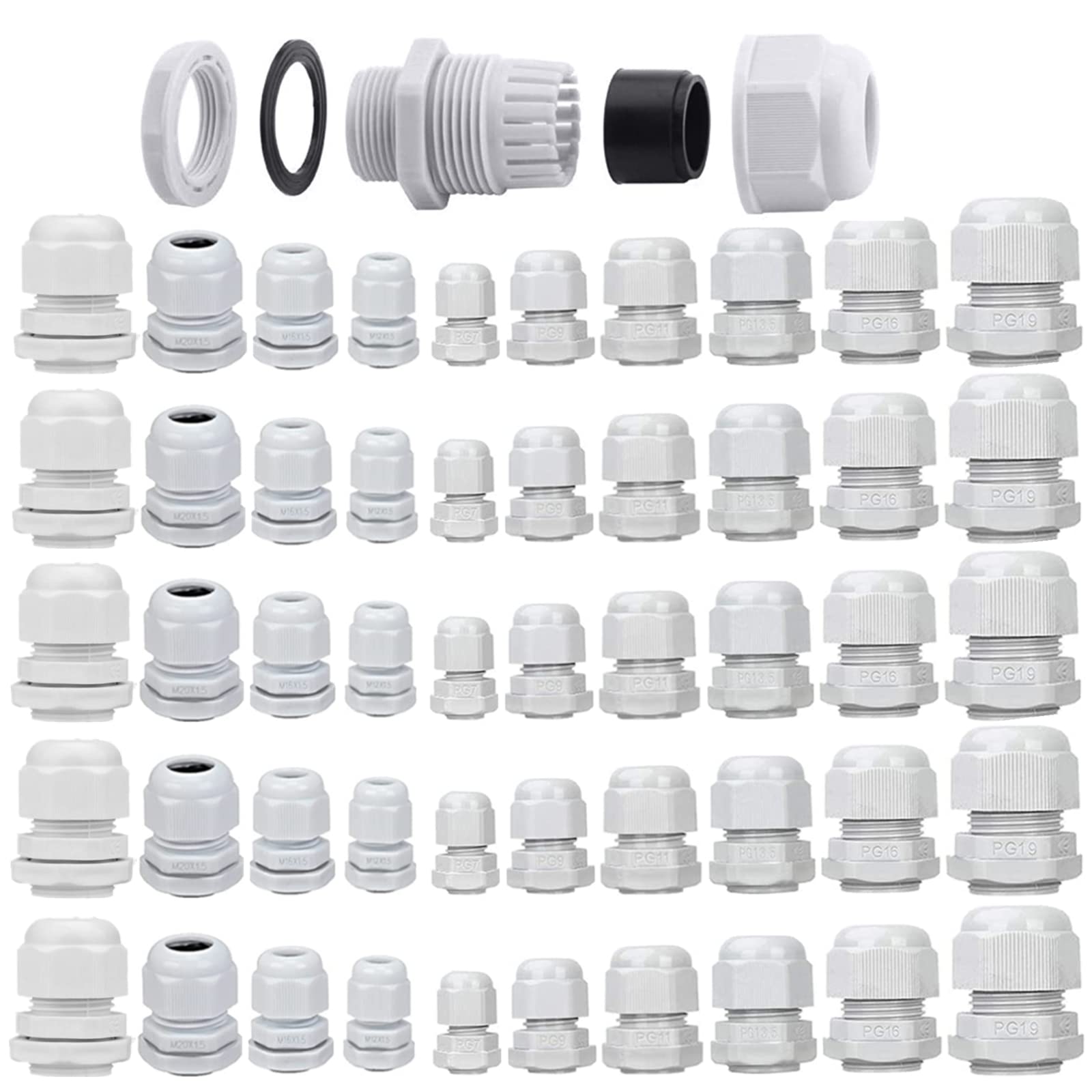 EKSMA 50 Pezzi Passacavo Impermeabile Regolabile in Plastica Bianco, Kit di Pressacavi M12-M25 PG7-PG19- Facilmente installabile per Proteggere i Cavi.