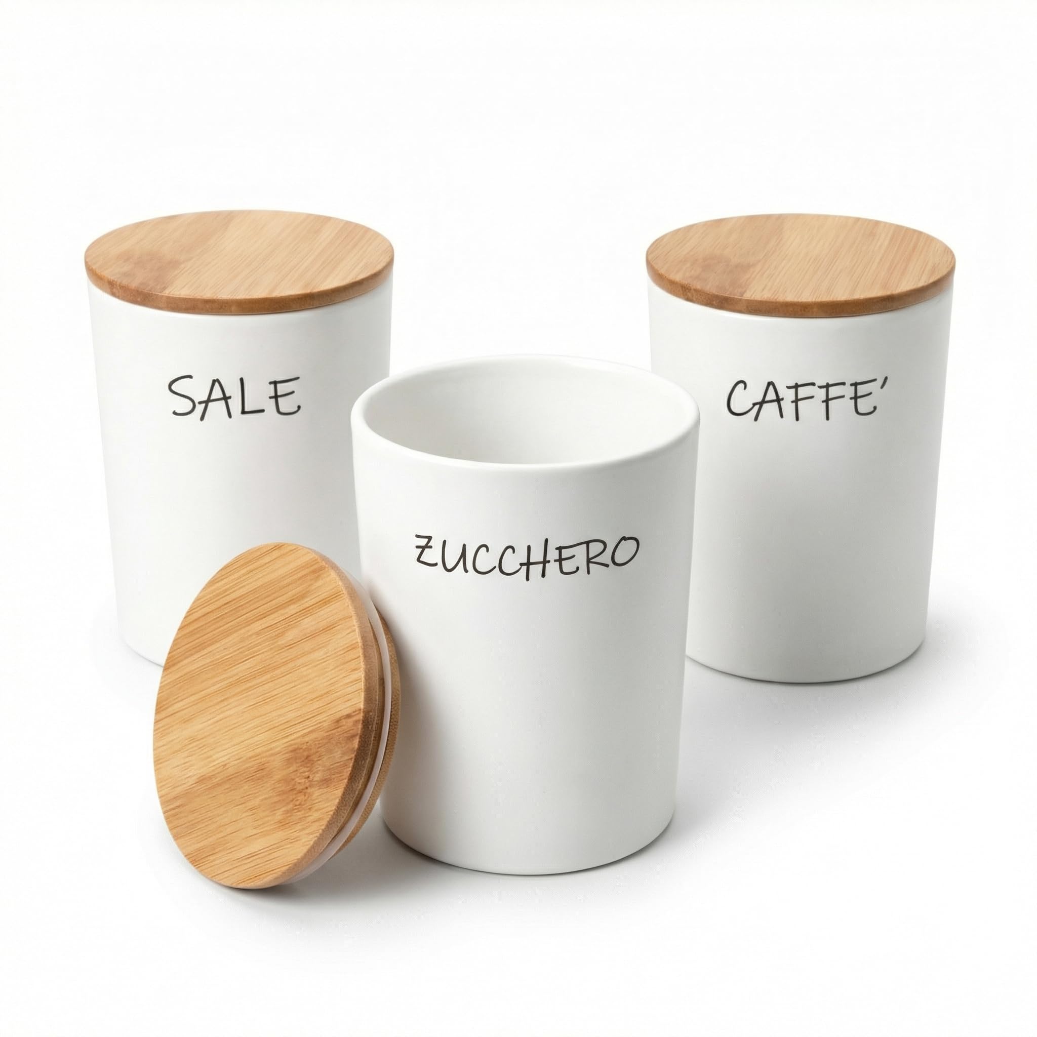 Set 3 Barattoli Ceramica Sale Zucchero Caffè con Tappo in Legno – Contenitori Cucina Ermetici Bianchi Stile Shabby – 10x13 cm