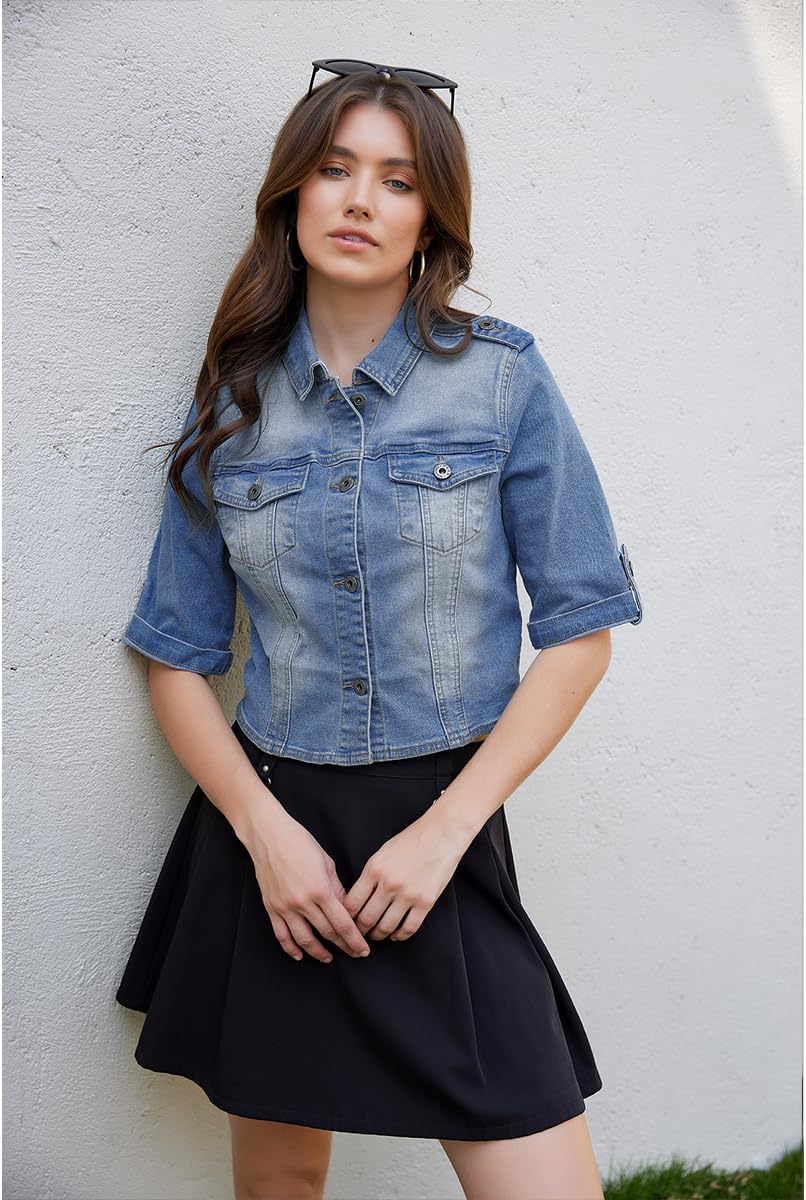J.Corrine Women's Short Sleeve Stretch Denim Jacket Retro Casual Button Down Cropped Trucker Jean Jackets - Image 4
