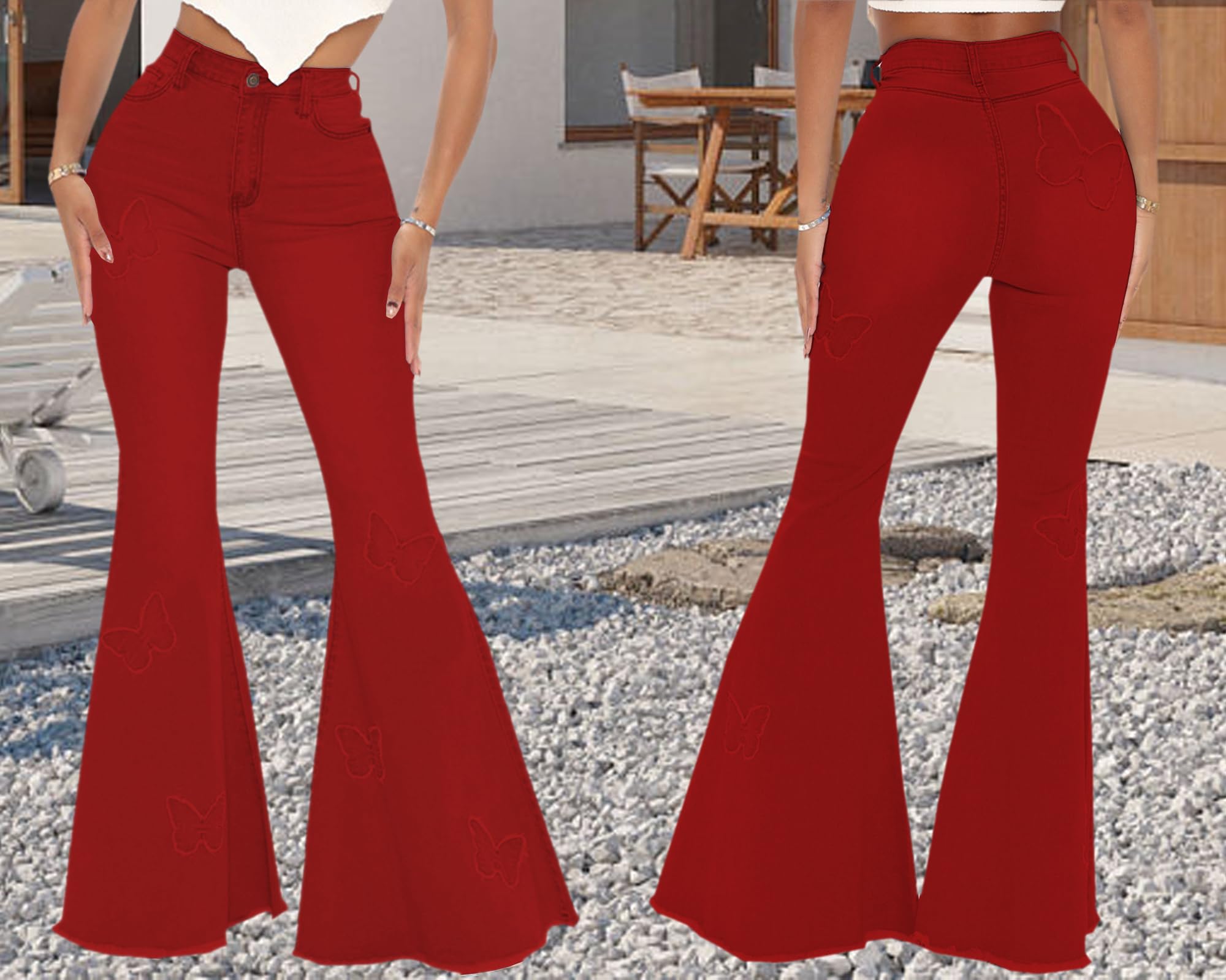 Women's Butterfly Bell Bottom Jeans Elastic High Waisted Embroidered Classic Flareed Jeans Raw Hem Denim Pants with Pocket