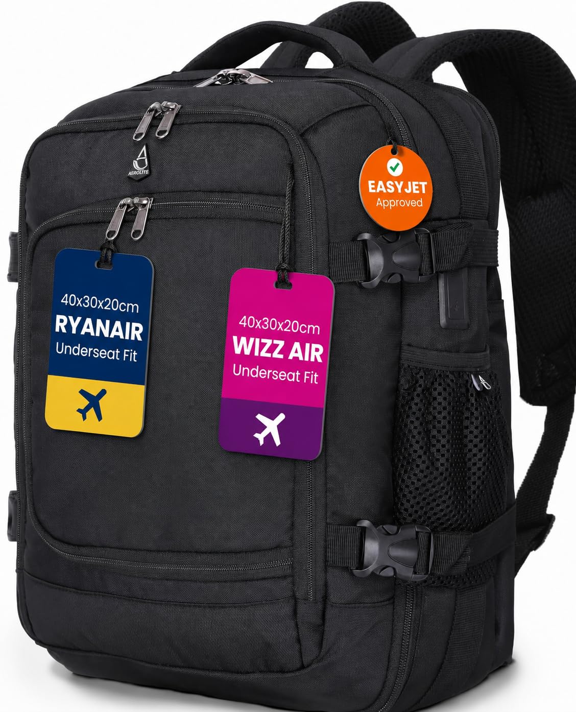 Aerolite Ryanair & Wizz Air Max 40 x 30 x 20 cm Sac à Dos léger avec Fermetures éclair YKK Également approuvé pour Easyjet Eurowings et Plus Encore Noir 40 x 30 x 20 cm, Sac À Dos Noir, 40x30x20cm