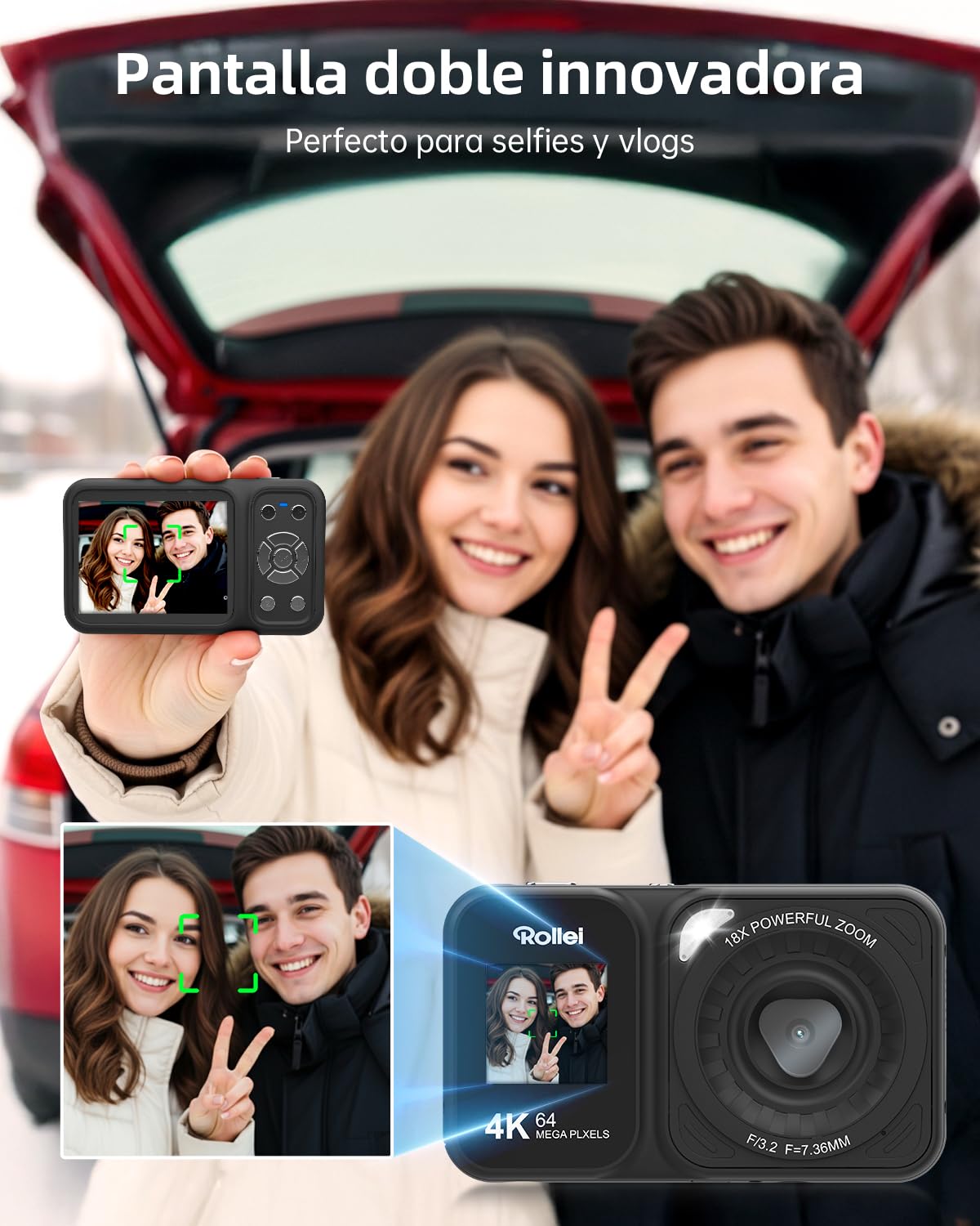 Camara Digital 4K 64MP Rollei Compactline 64 Dual Screen Zoom Digital 18X | Cámara de Fotos Compacta con Pantalla Dual Cámara Vlog Fotográfica Portátil para Selfie Niños Principiante Negro