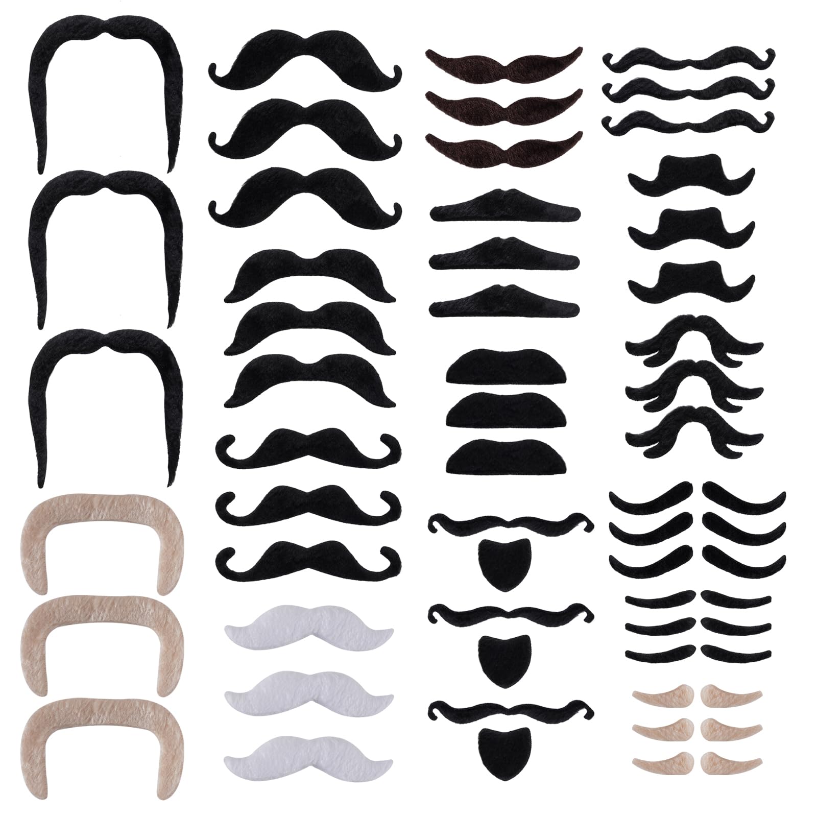 Fake Mustache Self Adhesive Beard Halloween Accessory for Man and Women Pirate Heard Stickers Black White Gray Brown 48 Pieces