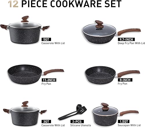 Miniatura 10 de MAISON ARTS Juego de ollas y sartenes antiadherentes, 12 piezas de granito verde para cocina, compatible con inducción, juegos de ollas y sartenes