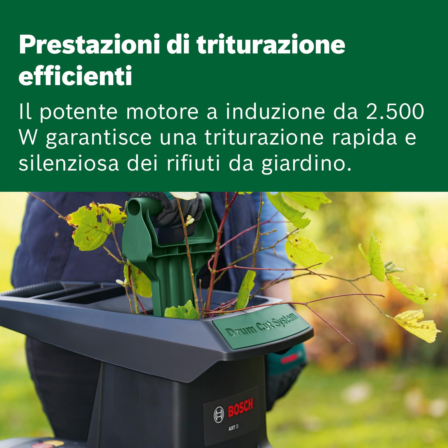 Bosch Biotrituratore silenzioso AXT 25 D (2500 W; idoneo per legno resistente e arbusti spinosi; cesto di raccolta integrato da 53 l; in confezione di cartone)