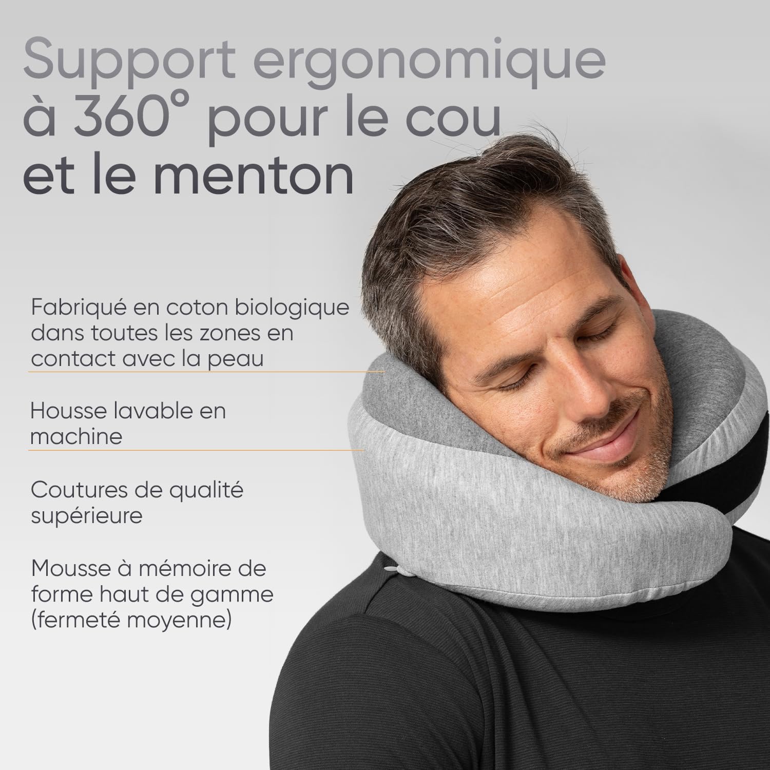 Proglobe Luxe Oreiller de Voyage Cervical 360° Avion, Gris Clair | Mousse à mémoire de forme, housse lavable en coton biologique et sac de transport compact.
