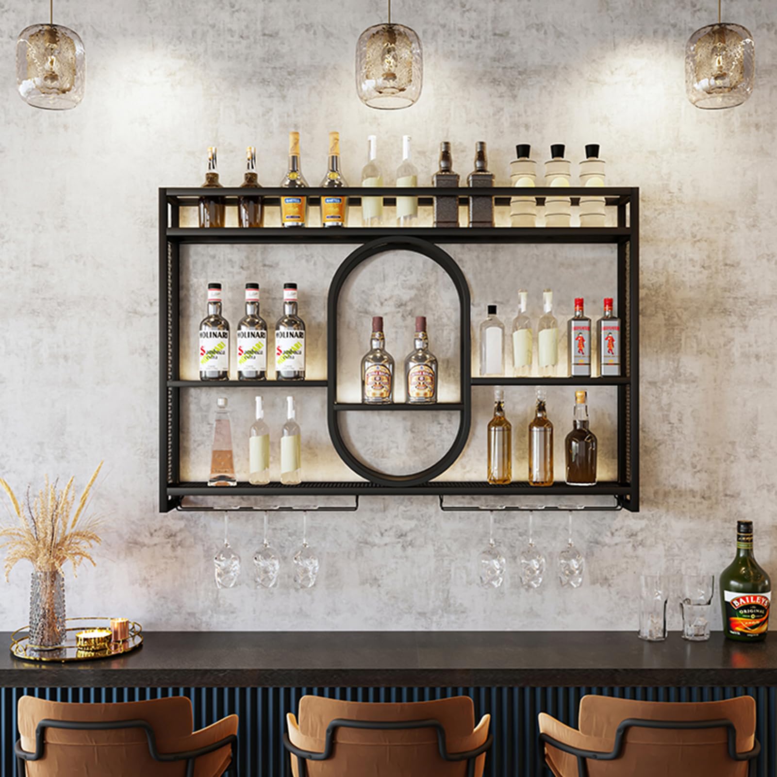 Metallo Vino Portabottiglie Da Parete Con LED,Con Portabottiglie Industriali A Parete Homebar, Cucina, Catering(Black,1.4m)