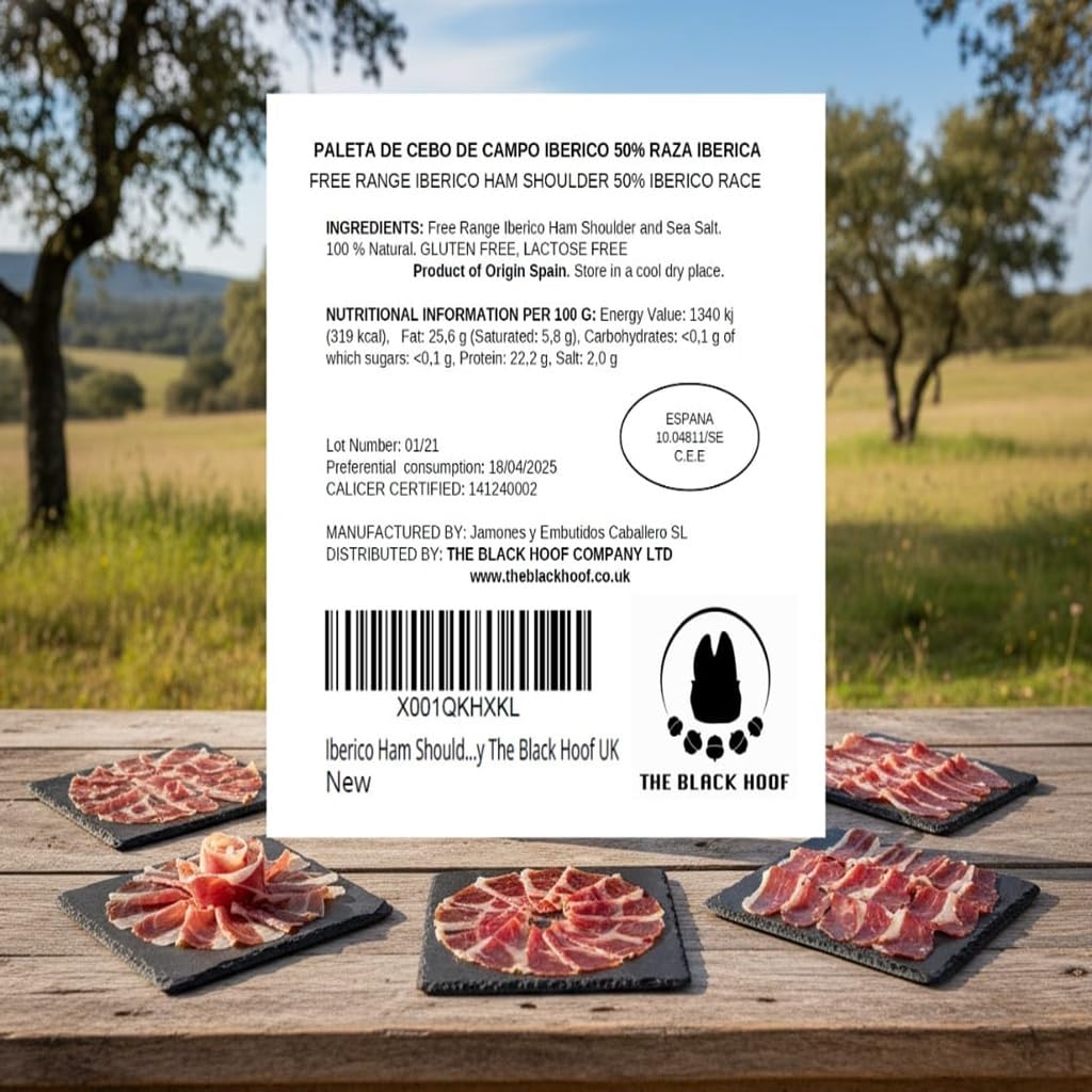 Spalla di Prosciutto Iberico Cebo de Campo (Paleta Ibérica de Cebo de Campo) 5–6 kg | Stagionato 18+ mesi | Senza additivi | Certificato CERTICALIDAD | Prodotto in Spagna da The Black Hoof