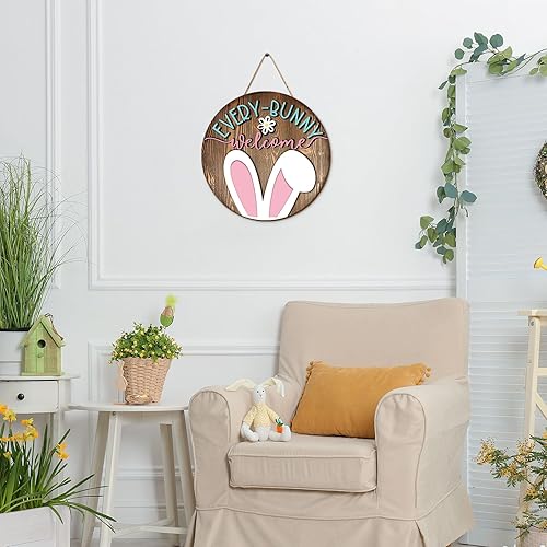 Miniatura 7 de Whaline Letrero colgante de madera de Pascua, conejo, conejo, bienvenida, letrero rústico para puerta delantera, para primavera, vacaciones,