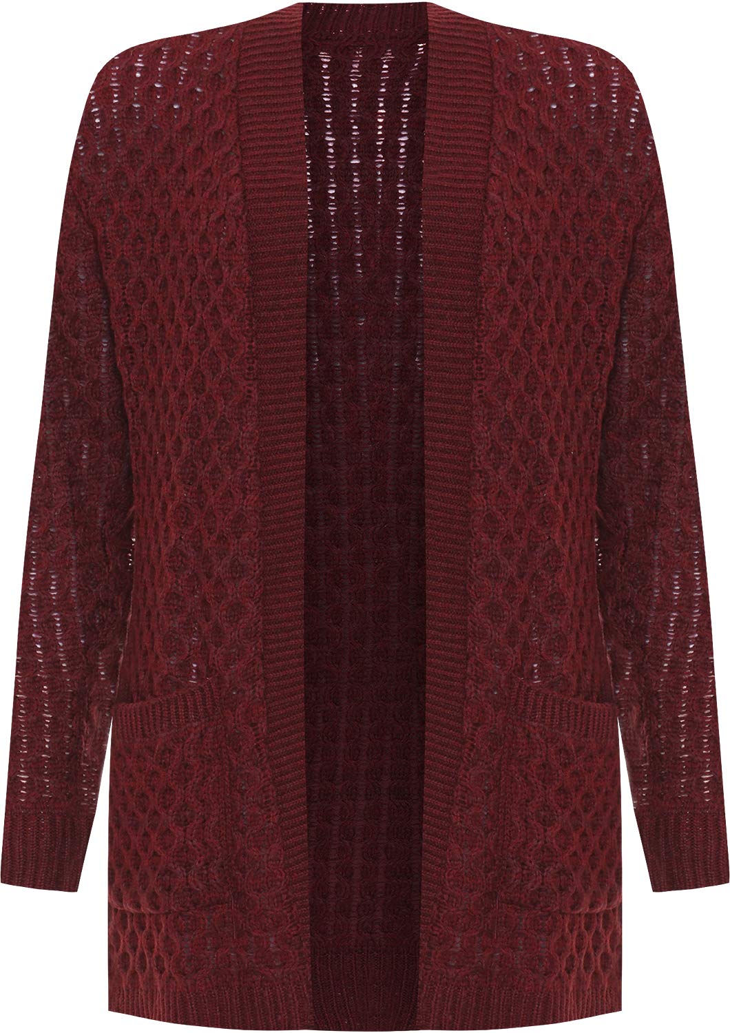 WearAll Women's Plus Cable Knitted Open Pocket Cardigan Chunky Long Sleeve Grandad - Wine - 20-22