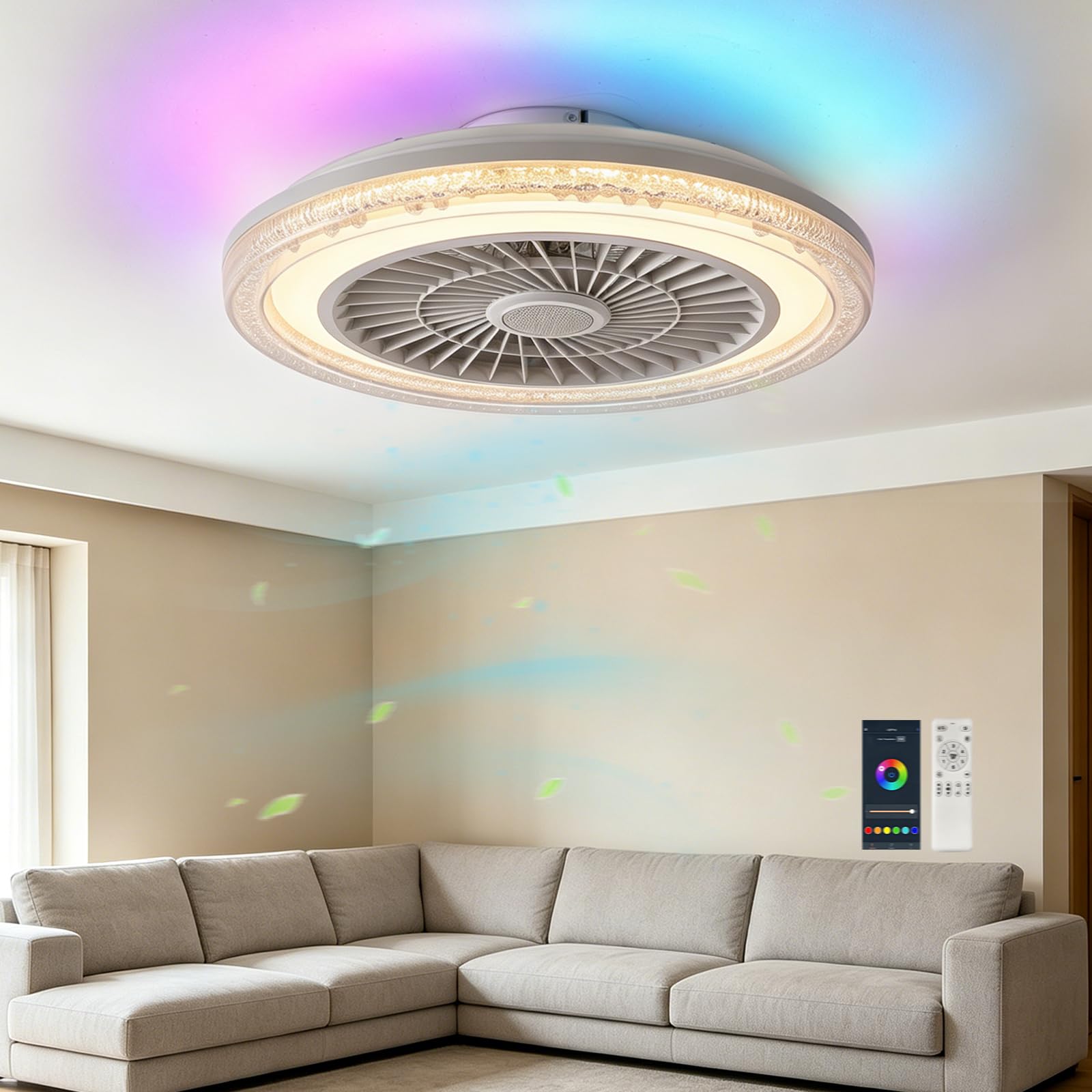 50cm RGB Deckenventilator mit Beleuchtung Musik Lautsprecher Deckenlampe | Fernbedienung und APP Dimmbar, Bluetooth Decken Lampe mit Ventilator Umkehrbar Leise für Schlafzimmer Kinderzimmer