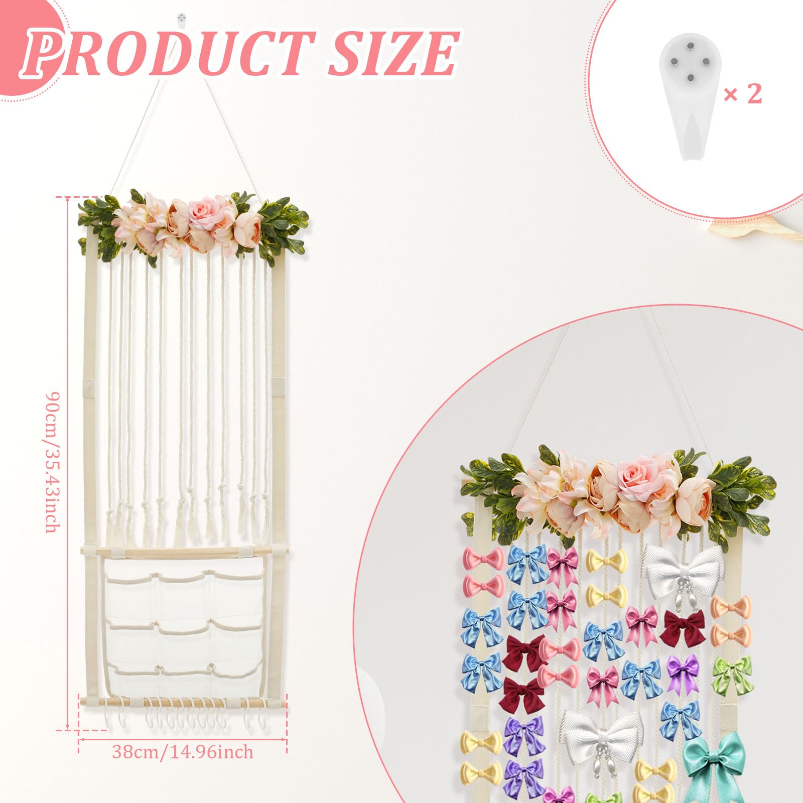 Tcwhniev Wall Hanging Hair Bows Holder, Headband Organizer for Kids Room Nursery, Decorative Hair Bows Organizer, Handmade Hair Clips Storage Hanger With Hooks for Wall Door Cabinet Nursery Room