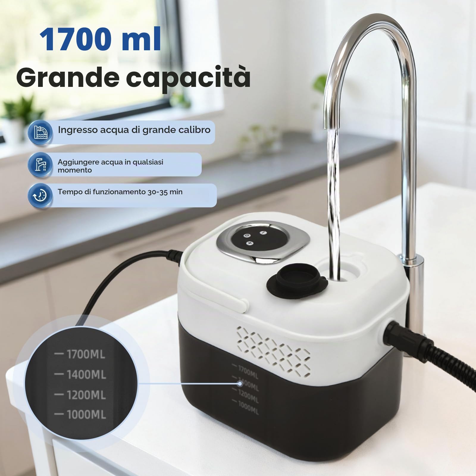 Pulitore a Vapore, 2500W Pulitore a Vapore Alta Pressione Portatile con Serbatoio 1700ml, Tempo Riscaldamento 15 Secondi, 6 Livelli Vapore per Cucina, Bagno, Divano, Auto, Pavimenti