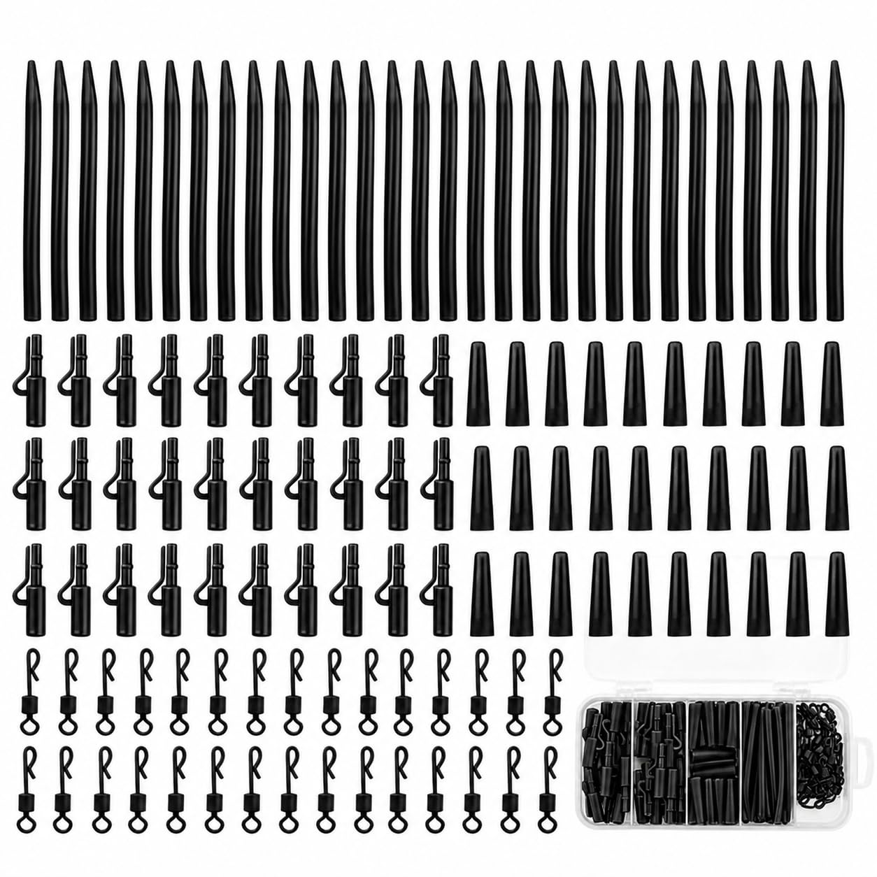 Funver 60 Pcs Carp Fishing Safety Lead Clips Kit with Anti Tangle Sleeves Tail Rubbers & Quick Change Swivels for Small Medium Weights, Fishing Tackle Set Complete Action Pack in Storage Box