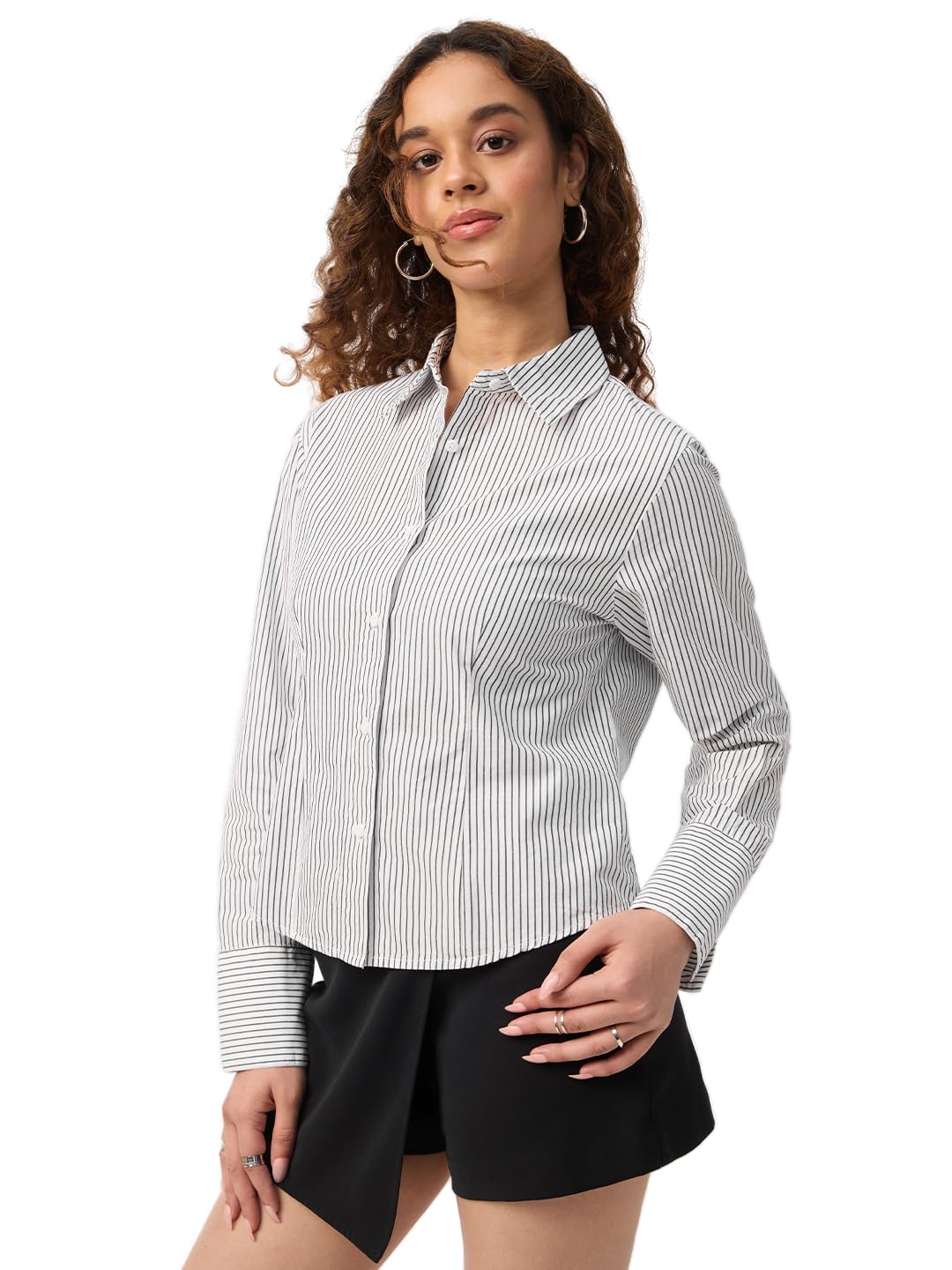 the souled store Tailored Stripe Shirt: Ester Women and Girls Full Sleeves Spread Collar White and Black Striped Cotton Regular Fit Lightweight Comfortable All-Season Shirt-picture-49