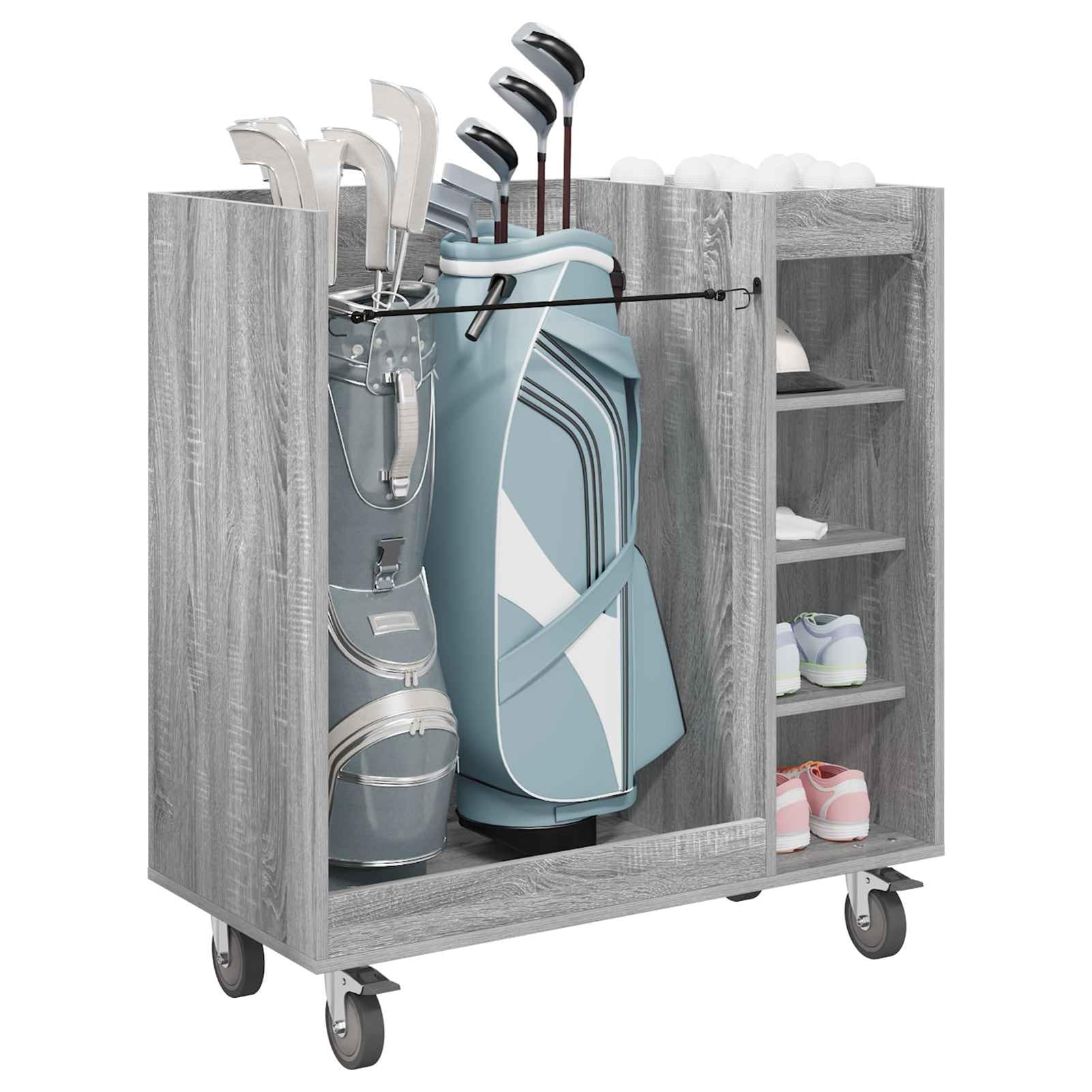 Gecheer Golfschrank, freistehend mit Rädern, Grau Sonoma, 90 x 45 x 98 cm, Holz, Regale für Garage, Aufbewahrung, Golfzubehör