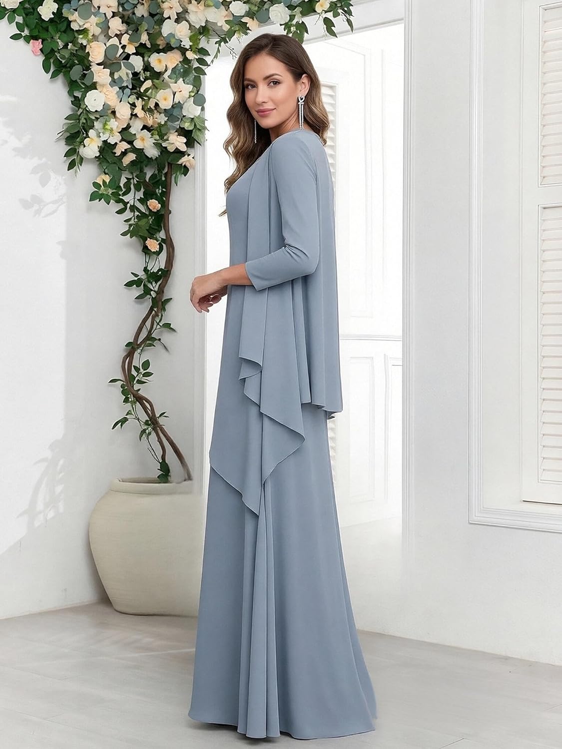 2 Piece Mother of The Bride Dresses for Women Chiffon Beaded Ruffle Long Formal Evening Gown with Jacket - Image 4