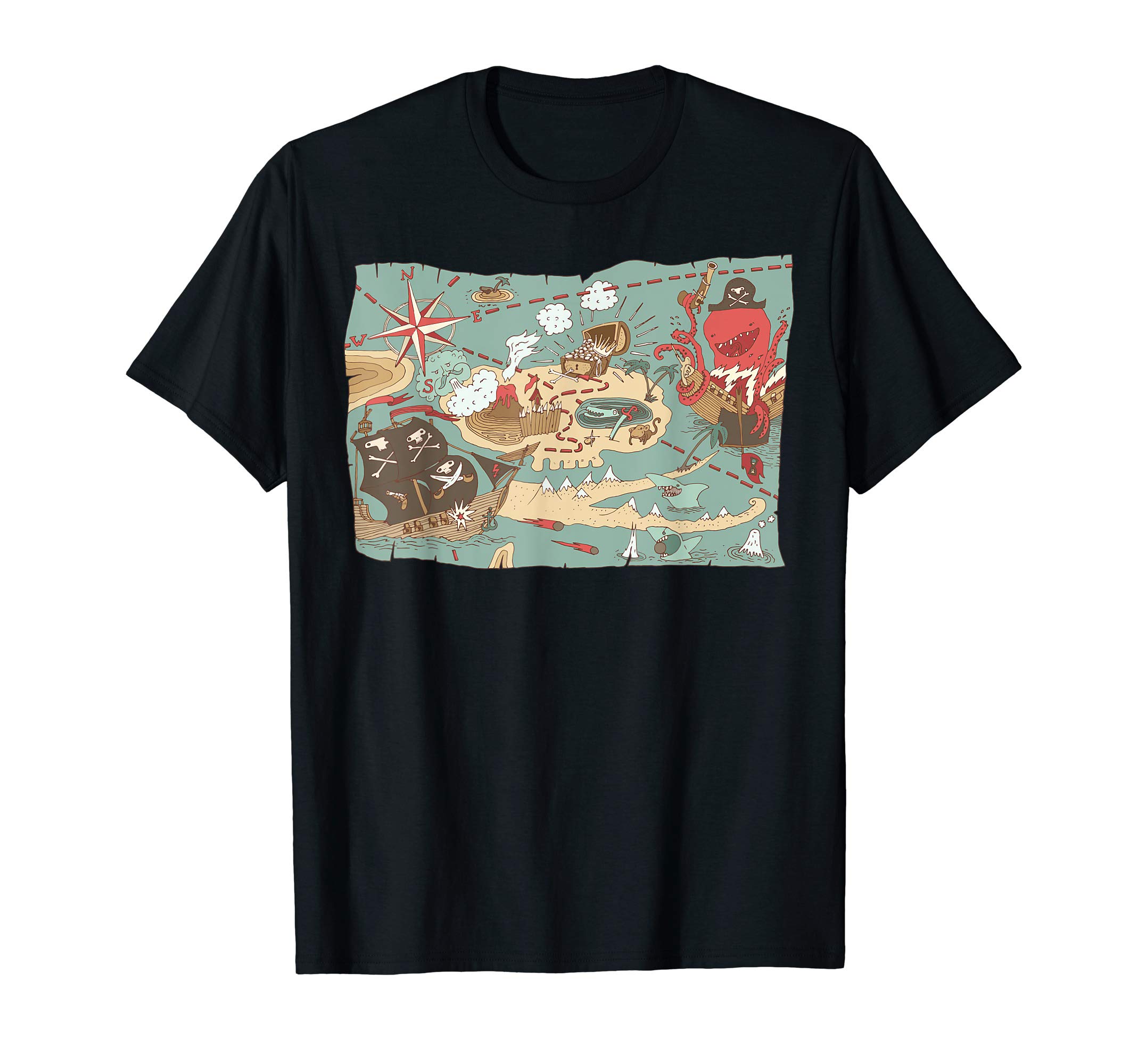 Treasure Map Ship Sharks Pirates & Skulls Shirt Boys Kids T-Shirt