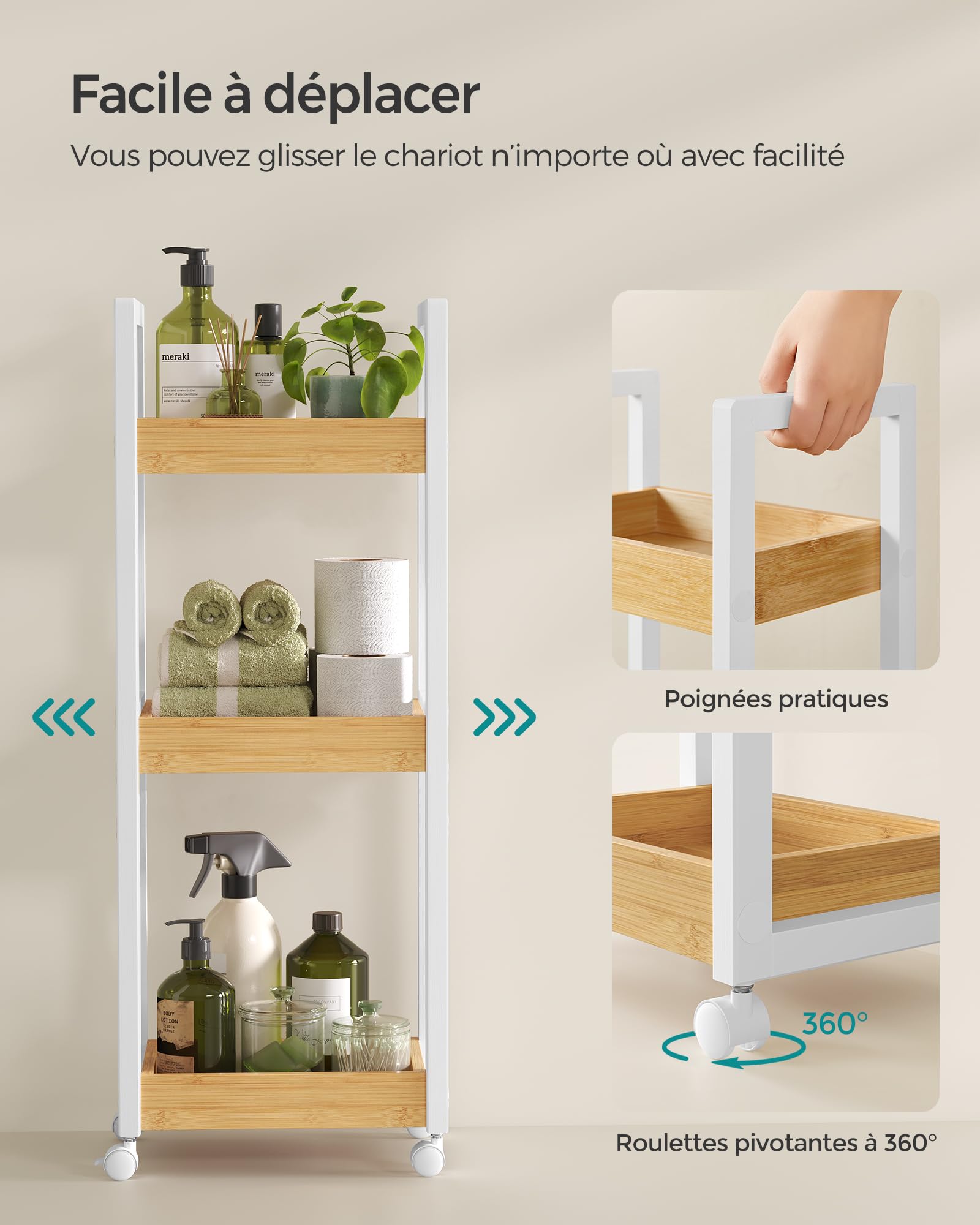 SONGMICS Chariot de Salle de Bain, Étagère Mince de Salle de Bains, Chariot de Rangement à 3 Niveaux sur roulettes, Bambou, Gain de Place, 20 x 30 x 80 cm, Blanc et Couleur Boisée BCB083N02