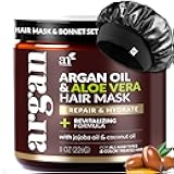 Hair Mask + Silk Bonnet for Sleeping Women Set - Deep Conditioner & Leave-In Conditioner for Dry, Damaged Hair - Argan Oil, Jojoba, Aloe & Keratin - Satin Bonnet for Sleeping, Repair & Hydrate (8 oz)