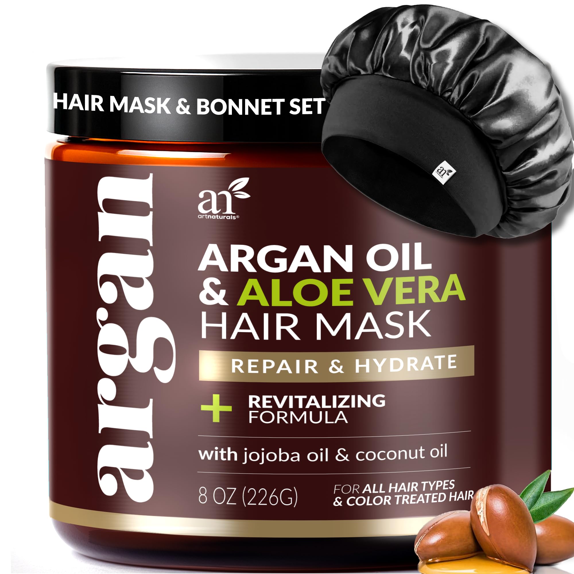 Artnaturals Argan Hair Mask Conditioner + Satin Bonnet Set - (8 Oz/226g) - Deep Conditioning Treatment - Jojoba Oil, Aloe & Keratin - Repair Dry, Damaged, Color Treated, Hair Growth - Sulfate Free