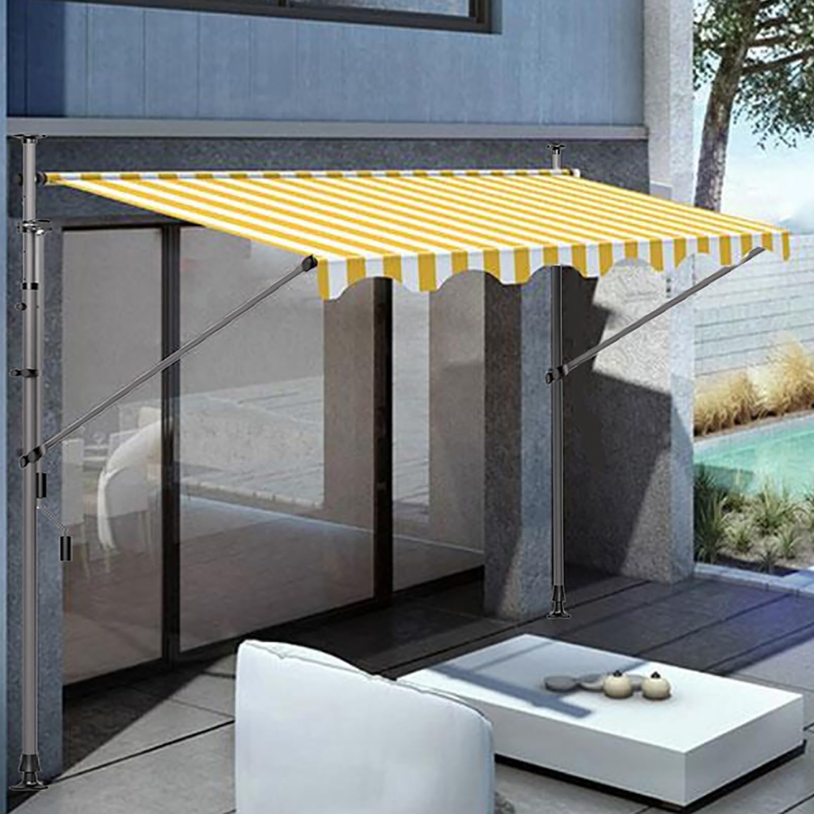 FVTVHEV Toldo Manual Retráctil Exterior Toldo Enrollable Exterior Ancho 2/2,5/3/3,5/4m Protección contra El Viento Y La Lluvia Fácil De Instalar Adecuado para Balcón Y Jardín(Yellow and White,2M)