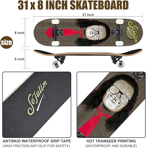 Miniatura 4 de Sefulim 31 x 8 Inch Complete Skateboard 7 Layer Canadian Maple Double Kick Deck Concave Cruiser Trick Skateboard for Boys Girls Teens Adults Beginner