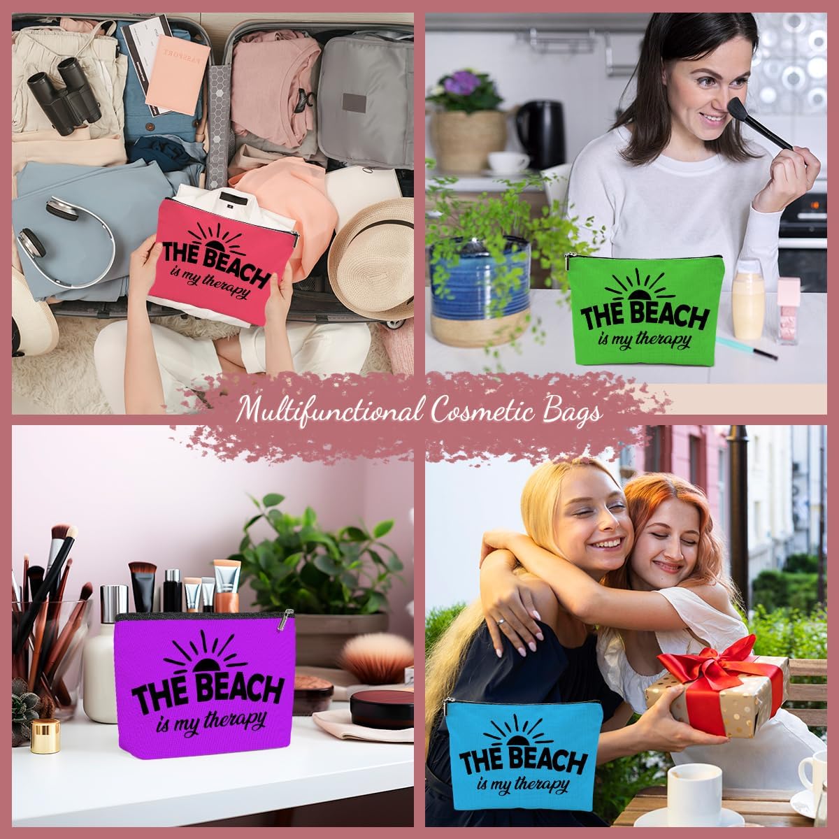 4PCS Beach Makeup Bag, Cute Cosmetic Bags for Women, Beach Accessories Travel Toiletry Bag Girls Trip Girls Weekend Gifts for Women Friend Sister Bridal Shower Bachelor Party Vacation Friendship - Image 4