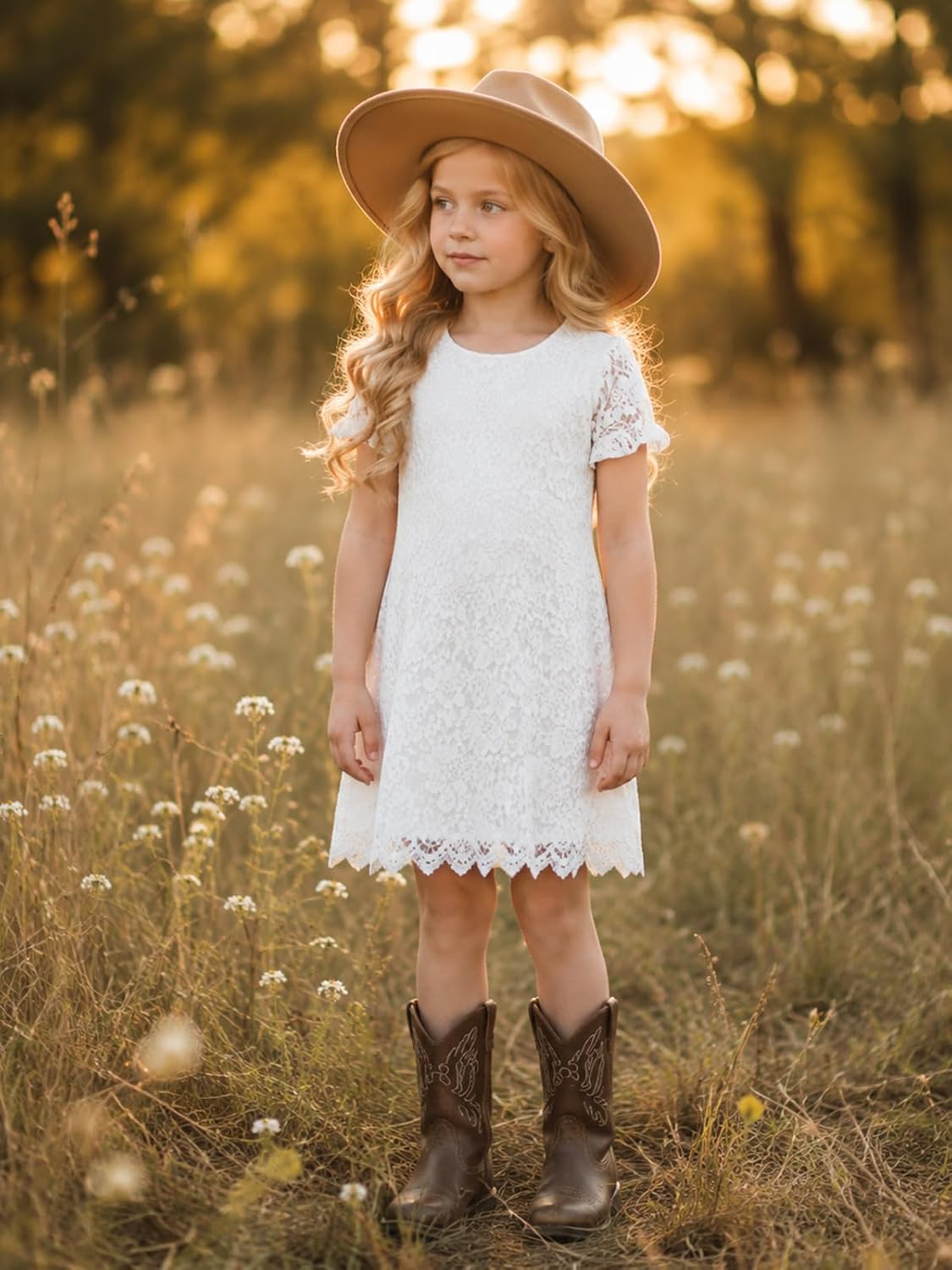 ALLOVIN Girls Soft Lace Flower Girl Dress Wedding Party Casual Wear 2-13Y