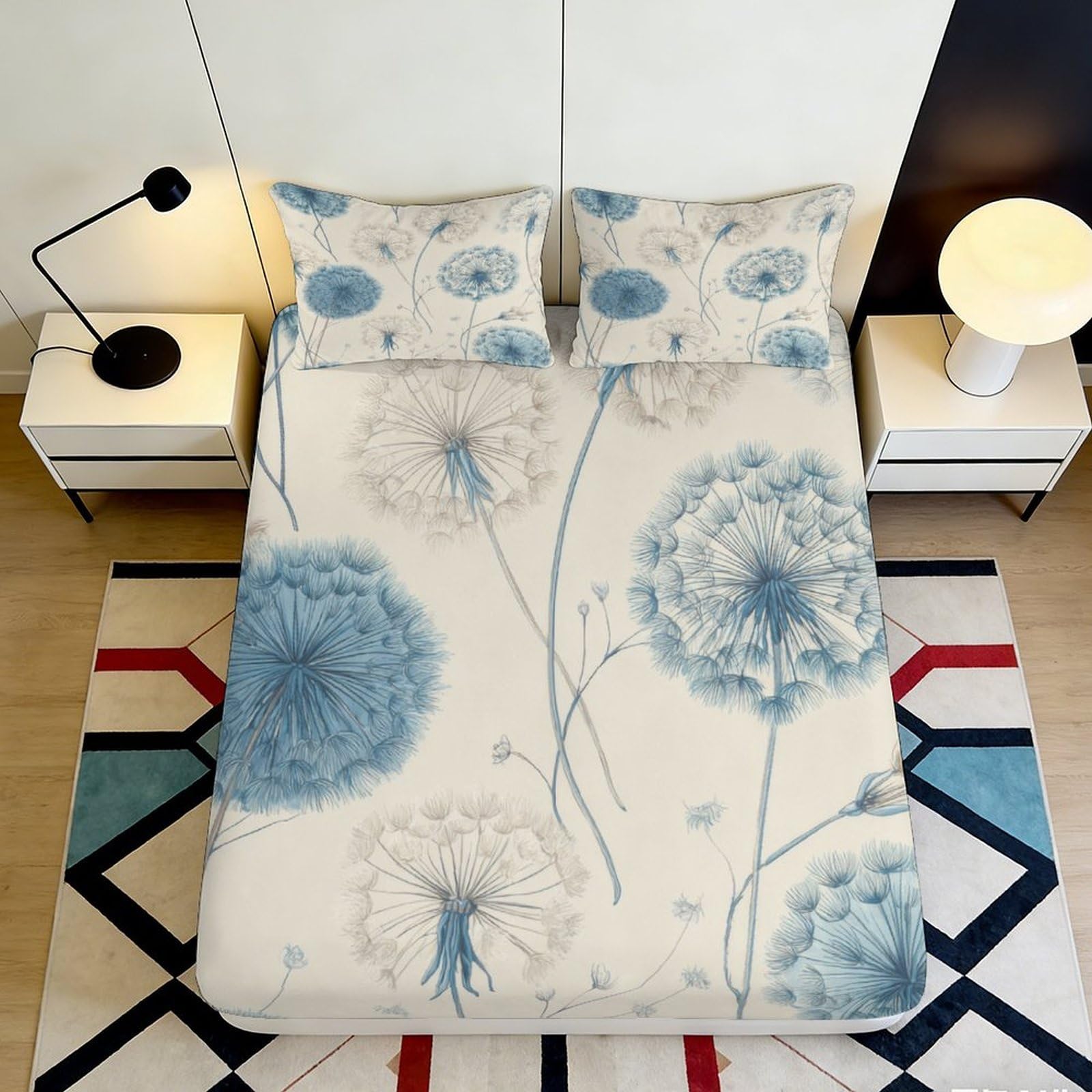 3D Printed Dandelion Meadow Fitted Sheet Microfiber Soft Blue Floral Mattress Cover for Bedroom Guest Room Decor 90x200x25cm