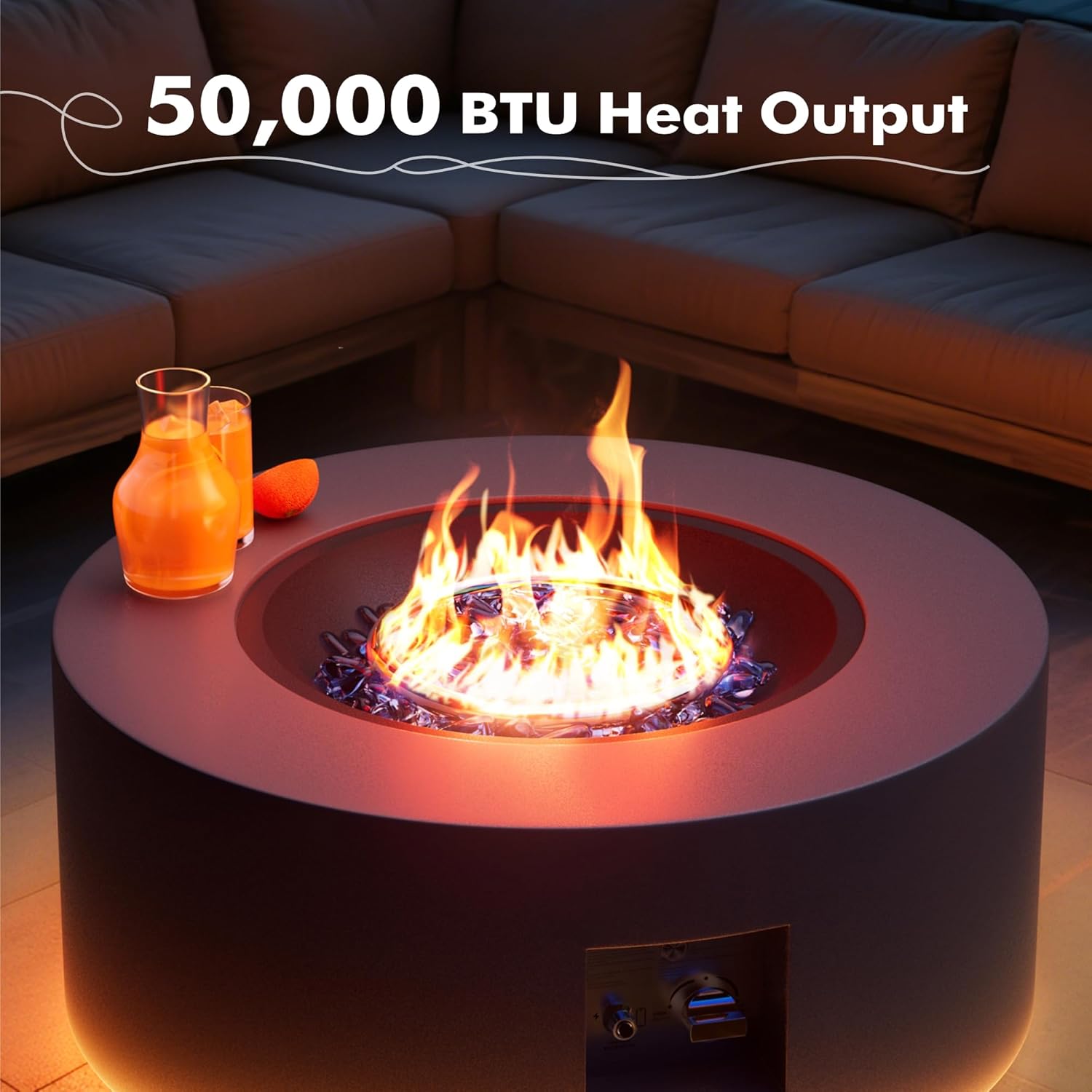 30" Round Propane Fire Pit Table - 50K BTU with Lid, Rocks Tank Storage and Cover - Round Gas Fire Pits for Outside Patio - Outdoor Table with Firepit (Grey/Golden Light, 30" Round)