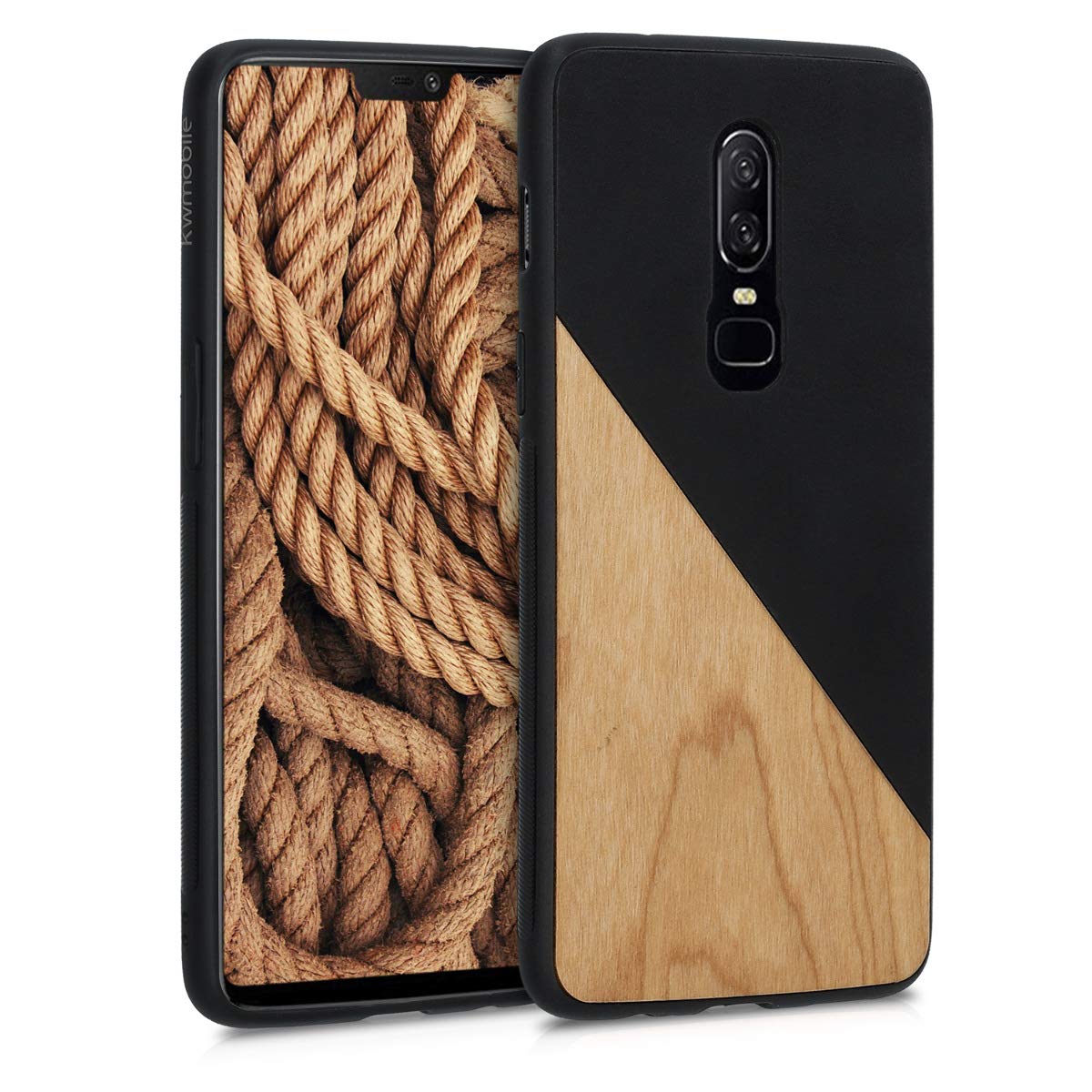 kwmobile Case Compatible with OnePlus Hard Cover with TPU Bumper and PU  Leather/Wood Design Two-Tone Wood Black/Brown