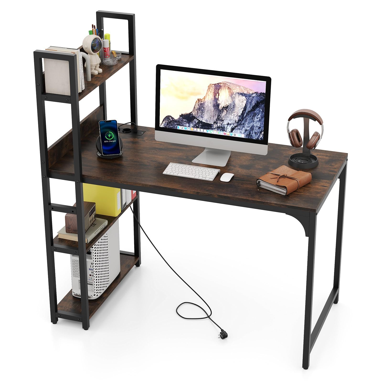 FANTASK Bureau avec bibliothèque Ouverte, Cadre en métal, Port USB et Prise de Courant, 120 x 65 cm, pour Bureau et Salon, Marron