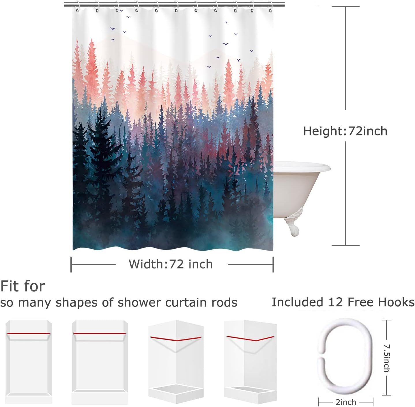 RosieLily Forest Shower Curtain, Pine Trees Shower Curtain, Mountain Nature Pink Shower Curtains Set, Rustic Foggy Art Bathroom Curtain, 72W x 72H Inch Waterproof Fabric Shower Curtain Hooks
