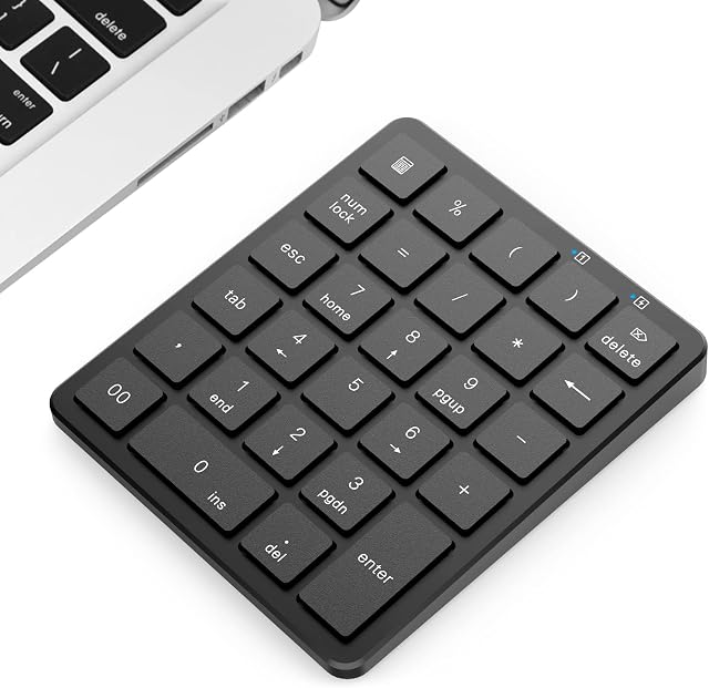 PINKCAT Bluetooth Numeric Keypad, 28 Keys Aluminum Rechargeable Number Pads Portable Numpad Financial Accounting for Laptop, PC, Notebook, Surface Pro - Black