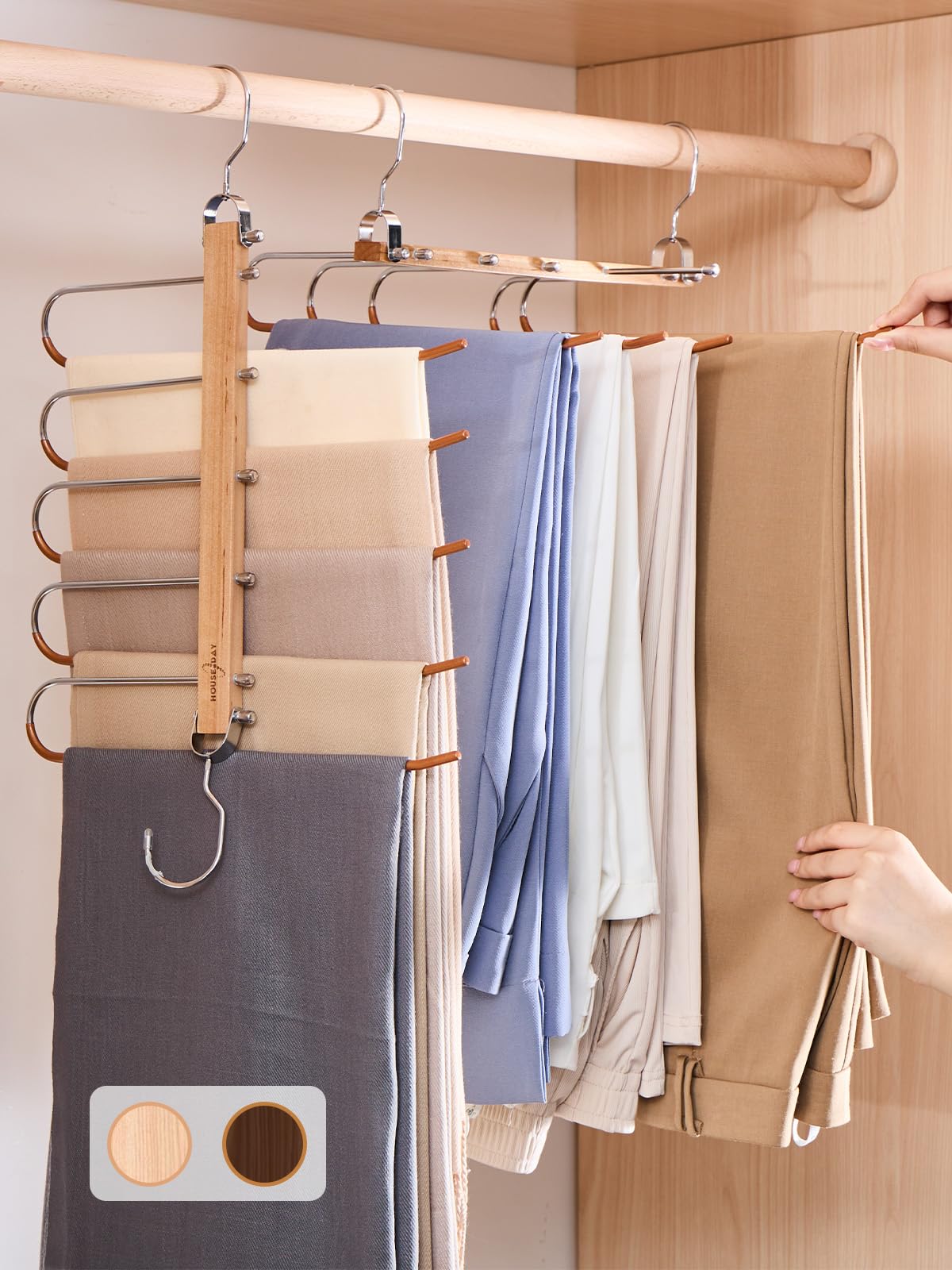 HOUSE DAY 2 Pack Wooden Trouser Hangers Space Saving - Scarf Hangers for Closet Organizer,Pants Hangers Space Saver, Jeans Hangers for Closet Organisation,Towels Collection,Leggings Hangers(Natural)