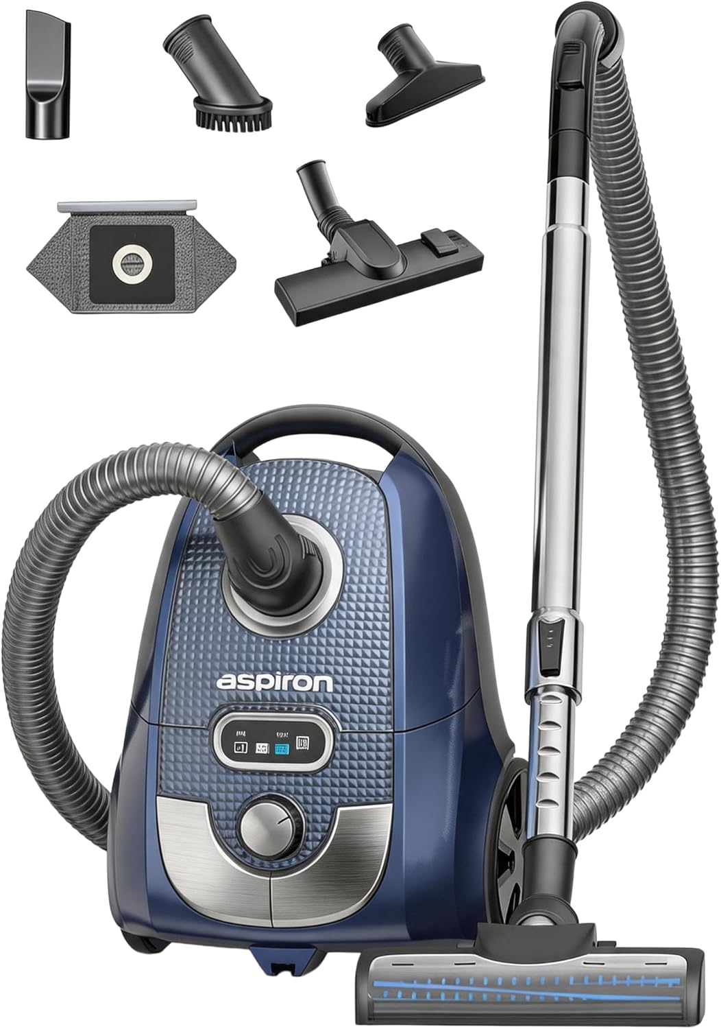 Aspiron Canister Vacuum, Canister Bagged Vacuum,4QT Dust Bag, H13 HEPA Filter, 5 Tools, Pet-Friendly,Variable Power Control,for Carpets, Hardwood Floors, Stairs, Pet Hair, Household