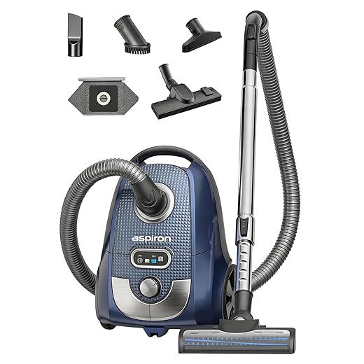 Aspiron Canister Vacuum, Canister Bagged Vacuum,4QT Dust Bag, H13 HEPA Filter, 5 Tools, Pet-Friendly,Variable Power Control,for Carpets, Hardwood Floors, Stairs, Pet Hair, Household