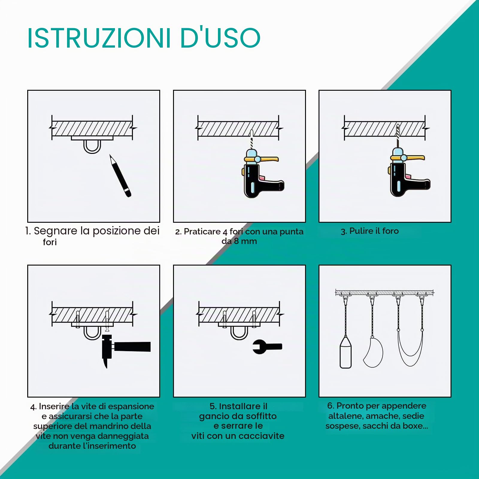 Gancio da soffitto, staffa da soffitto per sacco da boxe in acciaio inossidabile fino a 400 kg, gancio da soffitto resistente per amaca da sedia sospesa, sacco da boxe, trainer per imbracatura