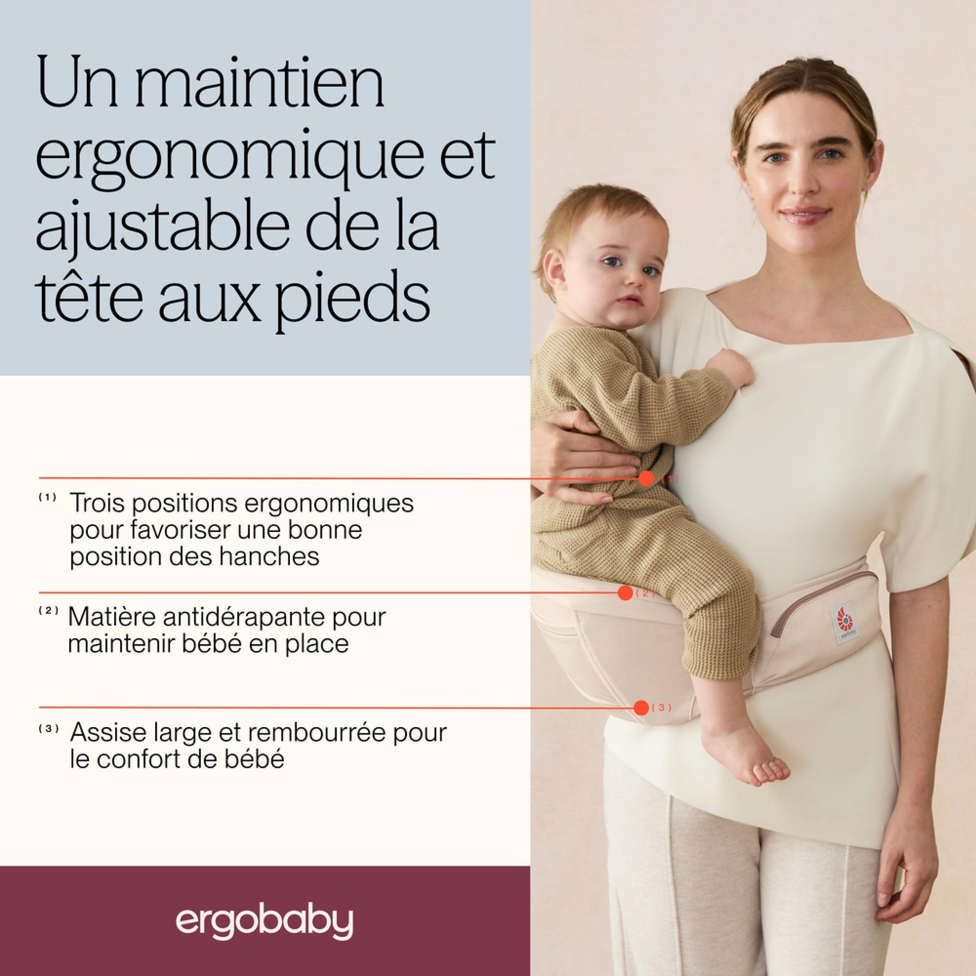 Ergobaby Lift Hip Seat nosidełko dla niemowląt z siedziskiem biodrowym dla niemowląt i małych dzieci od 6 miesięcy (7,7 kg – 20,4 kg), nosidełko biodrowe, kolor perłowy szary