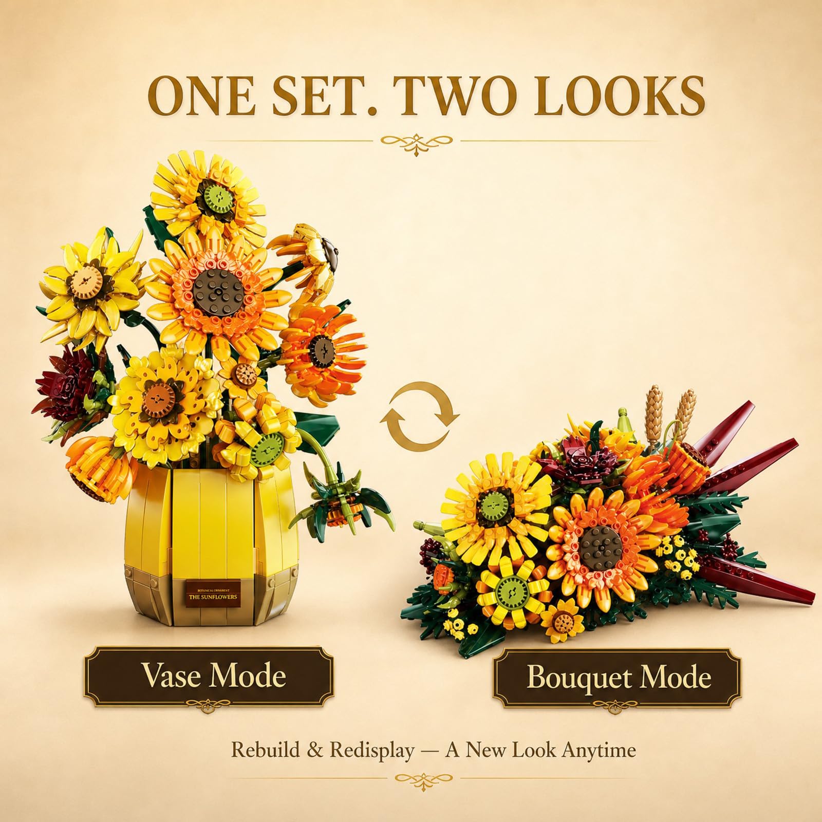 Sosuy Set Costruzioni Girasole, Quadro Floreale da Parete 2-in-1 con Cornice, Decorazione Casa, Gioco STEM per Donne Adulte Ragazze, Regalo Compleanno Donna 1011+ Pezzi