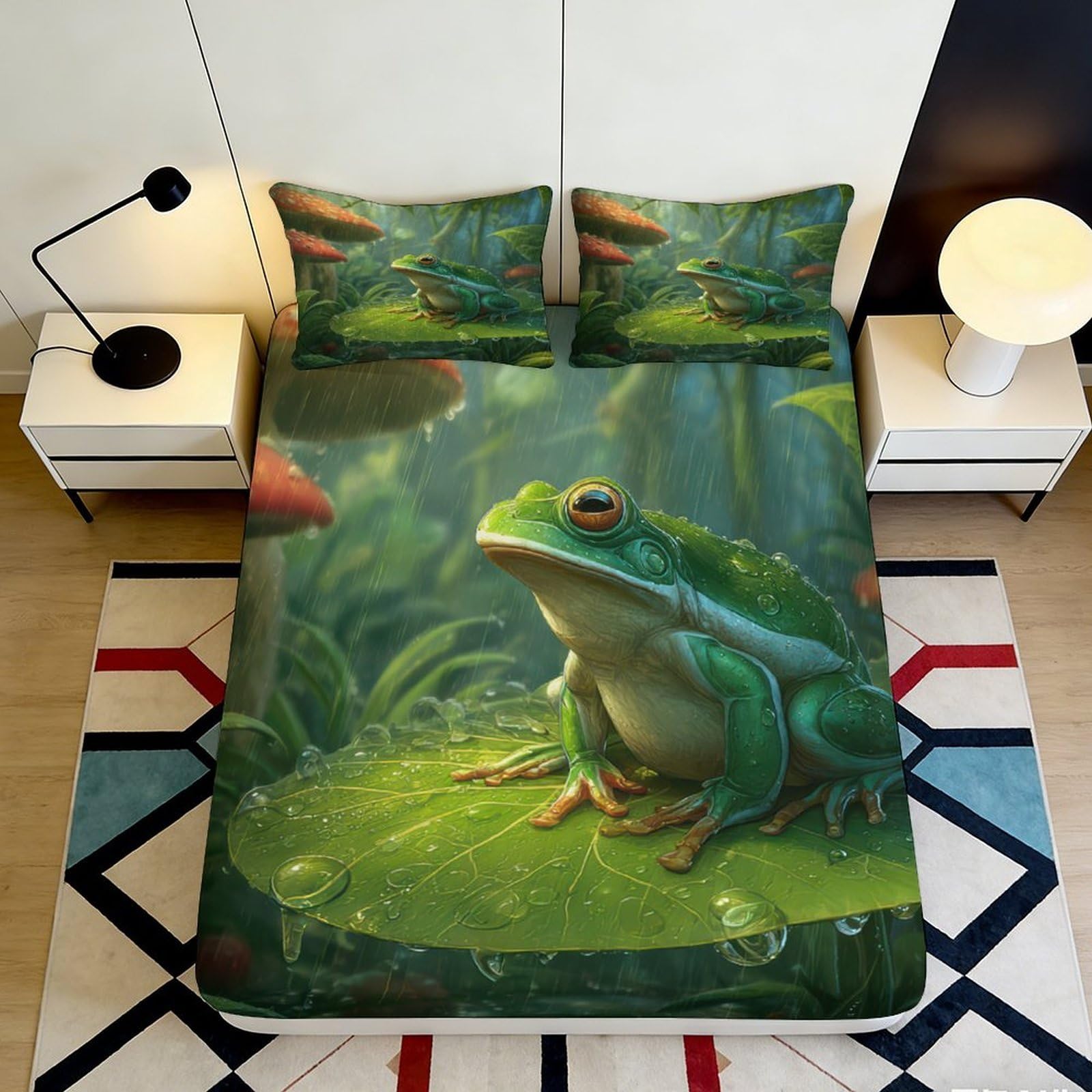 Jqzkxnhpbr Style-10 3D Printed Forest Frog Fitted Sheet Microfiber Soft Green Rainforest Bed Cover For Bedroom Guest Room Decor 90X200x25cm