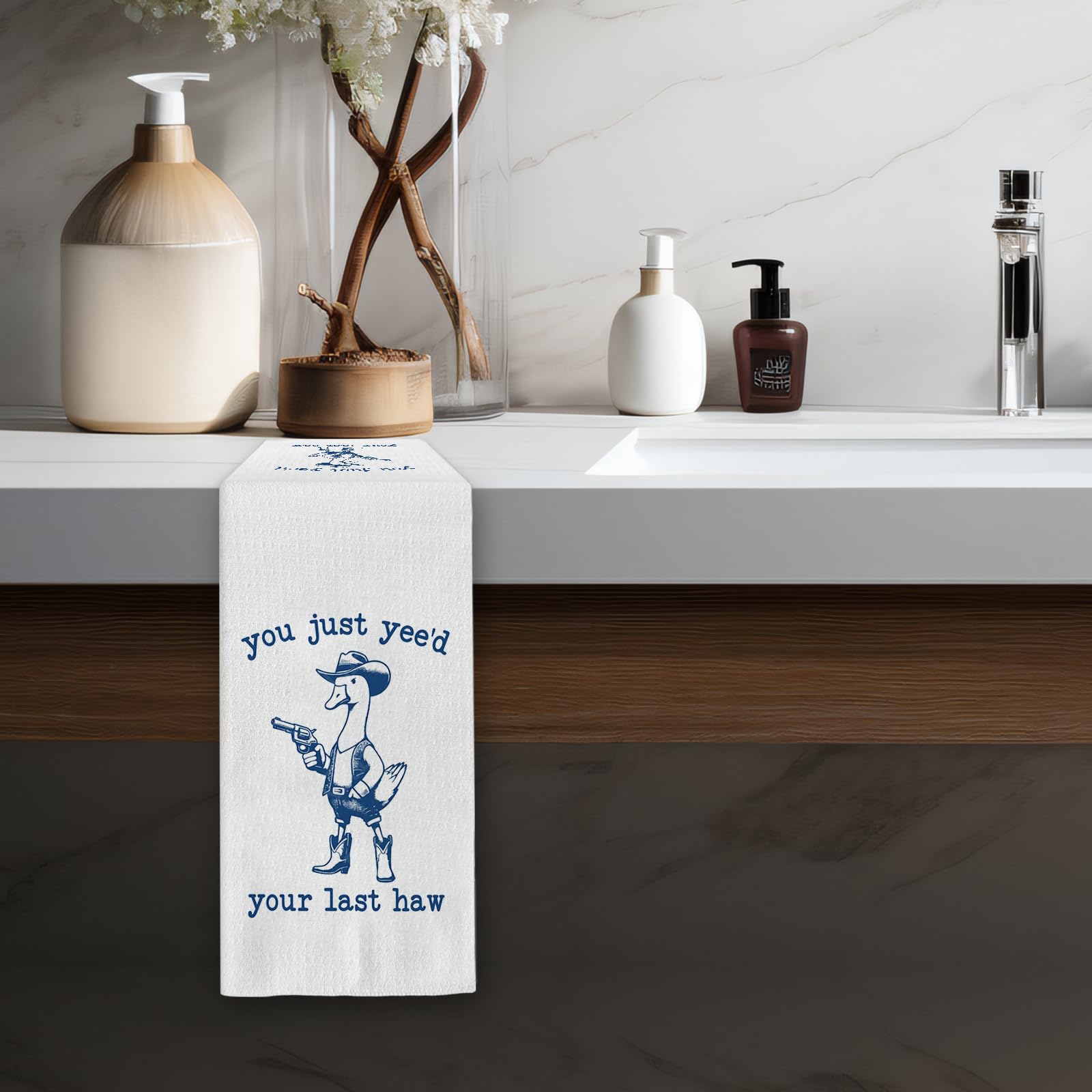 Funny Goose Gifts - Toallas de cocina de ganso occidental, paños de cocina con texto en inglés "You 've Yee'd Your Last Haw Partner", toallas de mano decorativas para baño, decoración de baño de