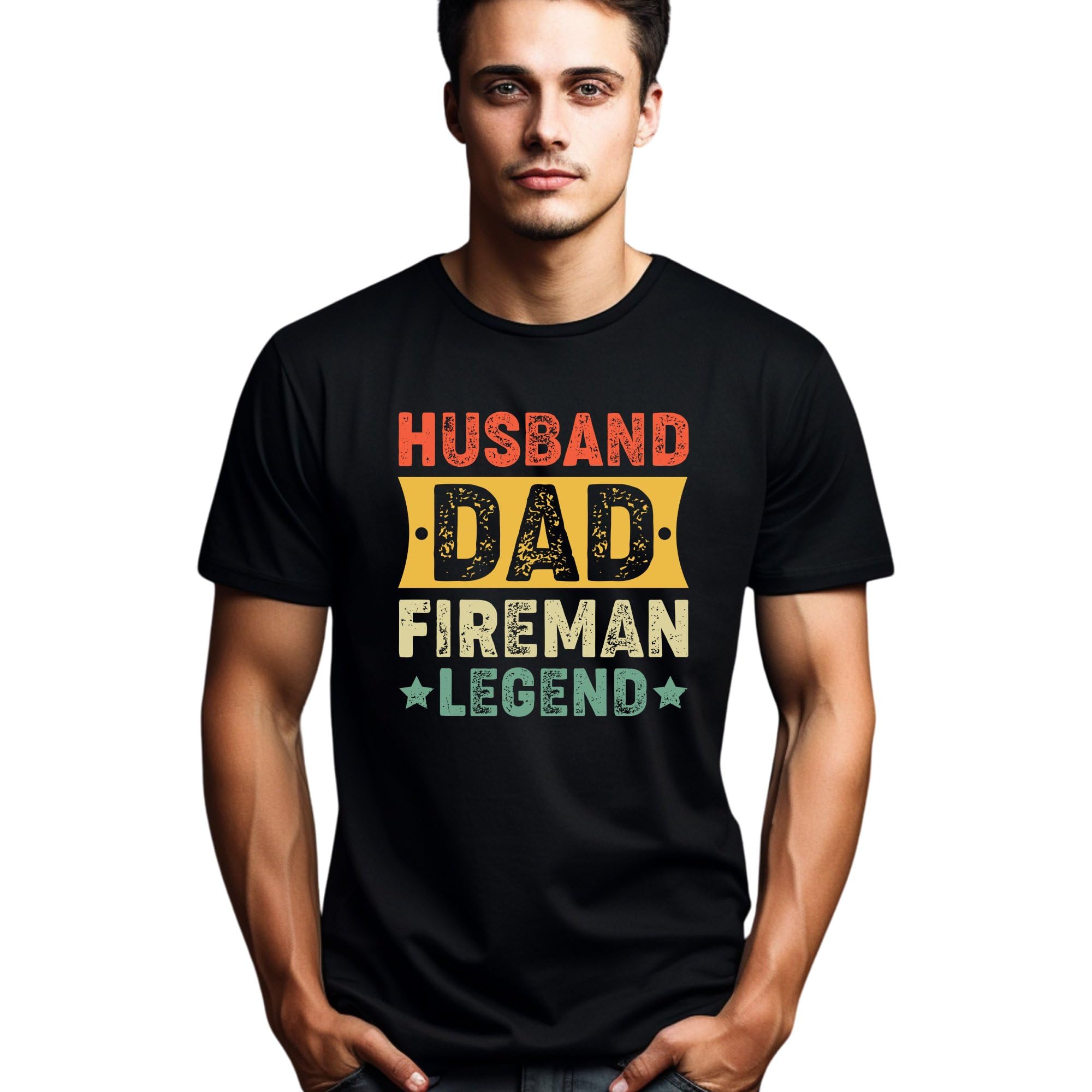 Seek Buy LoveHusband dad Fireman Legend t-Shirt, Gift for Firefighter Fathers Day, Distressed Print tee, Men's fire dept Shirt, Newborn Hero top