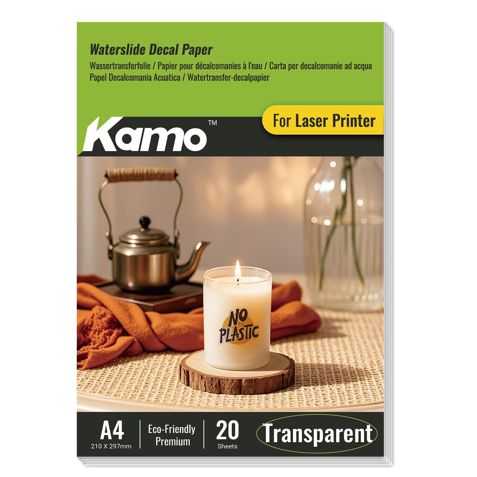 Kamo Wasserschiebefolie Transparent A4 für Laserdrucker – 20 Blätter Decalfolie für Keramik, Glas, Tassen, Kerzen, Kunststoff und Modellbau DIY Projekte