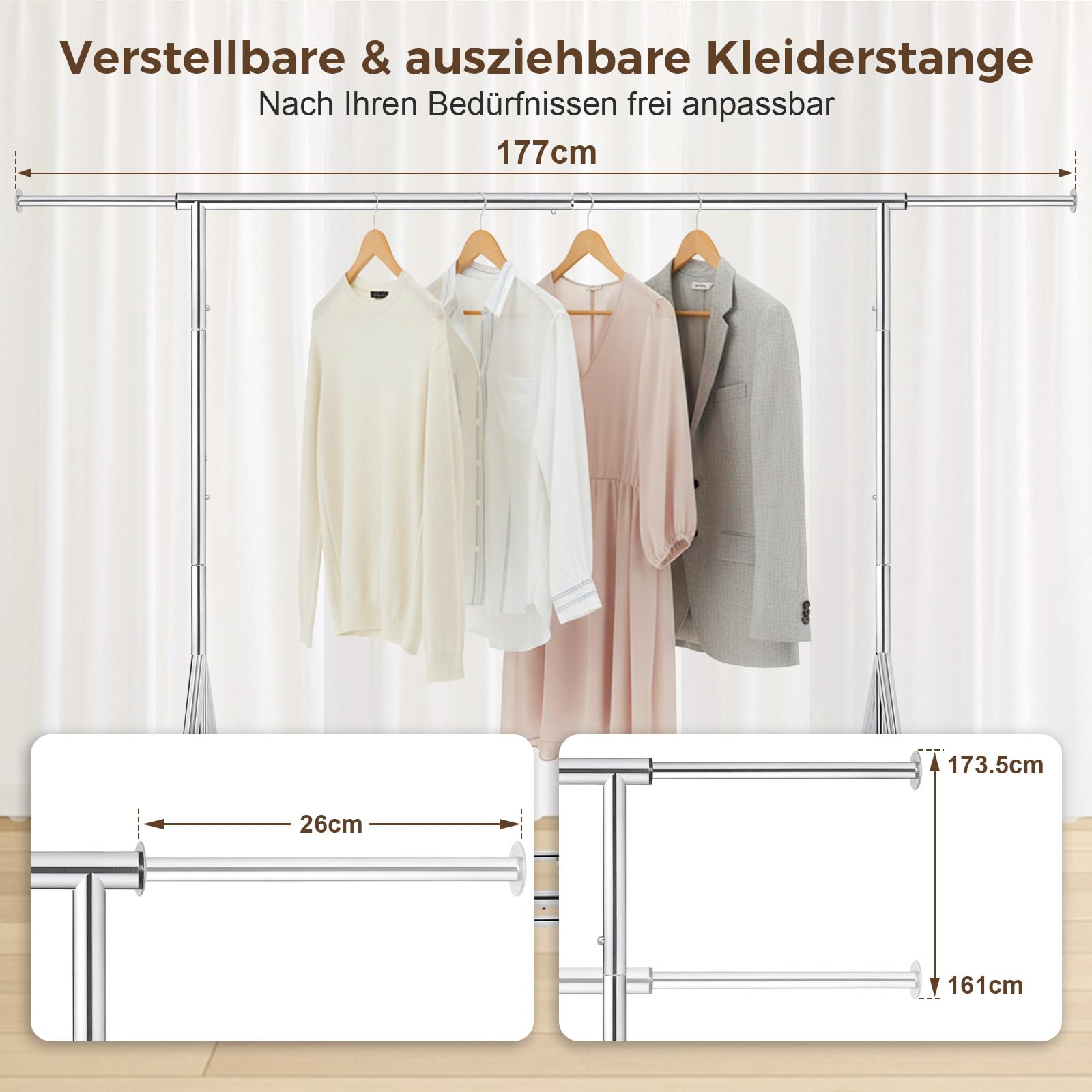 Kleiderständer auf Rollen, Garderobenständer, Kleiderstange Ausziehbar | Metall Schwerlast mit Aufbewahrungsgitter, bis 210 kg belastbar, Länge 125-177 cm, für Schlafzimmer, Garderobe, Waschküche