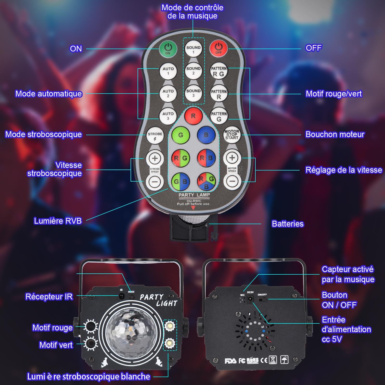 Lampe de Scène 3 en 1 avec Télécommande, Boule Disco avec Stroboscope, Lumière de Fête DJ LED à Commande Vocale Divers Effets RGBW Lumiere Soirée avec 2m Câble USB pour Halloween, Noël, Club, Vacances