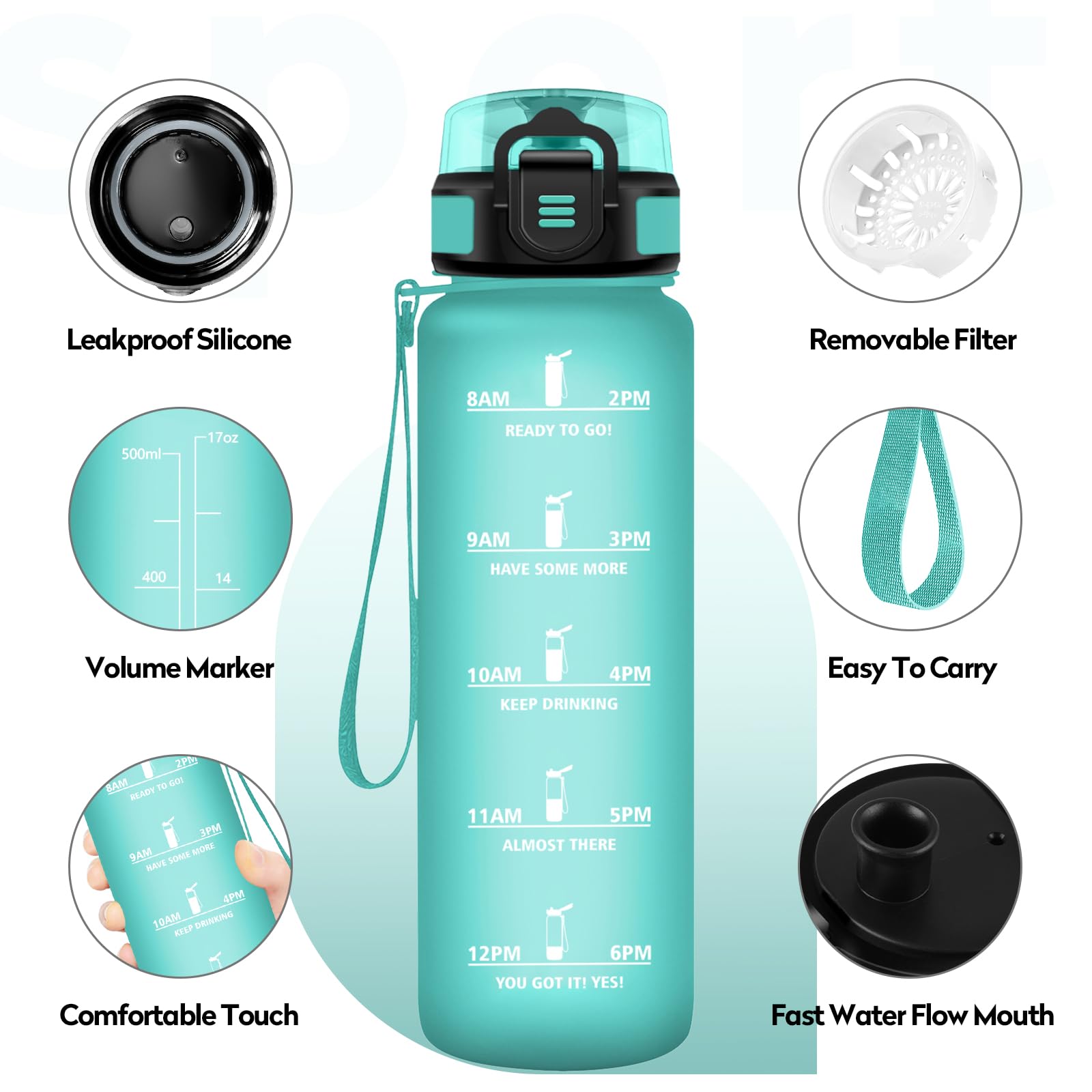 Borraccia 500ml, Borraccia Motivazionale con Filtro, Borracce senza BPA, a Prova di Perdite, Bottiglia Acqua Adulto, per Sportiva, Bici, Viaggio, Corsa, Yoga, Ufficio, Scuola - 2